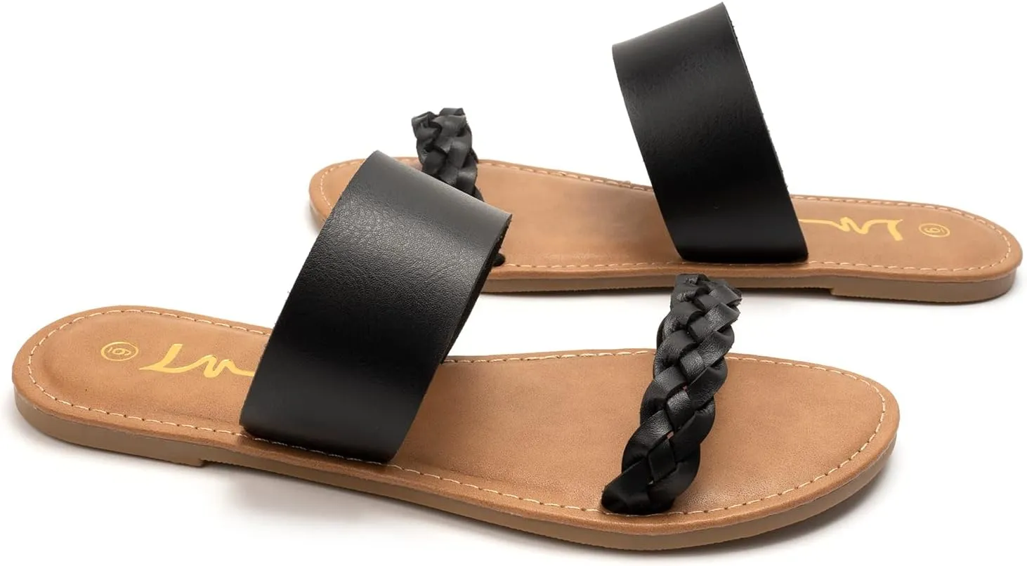 LM Women's Braided Slide Sandals Open Toe Two Band Slip On Flat Sandals Casual Summer Sandals