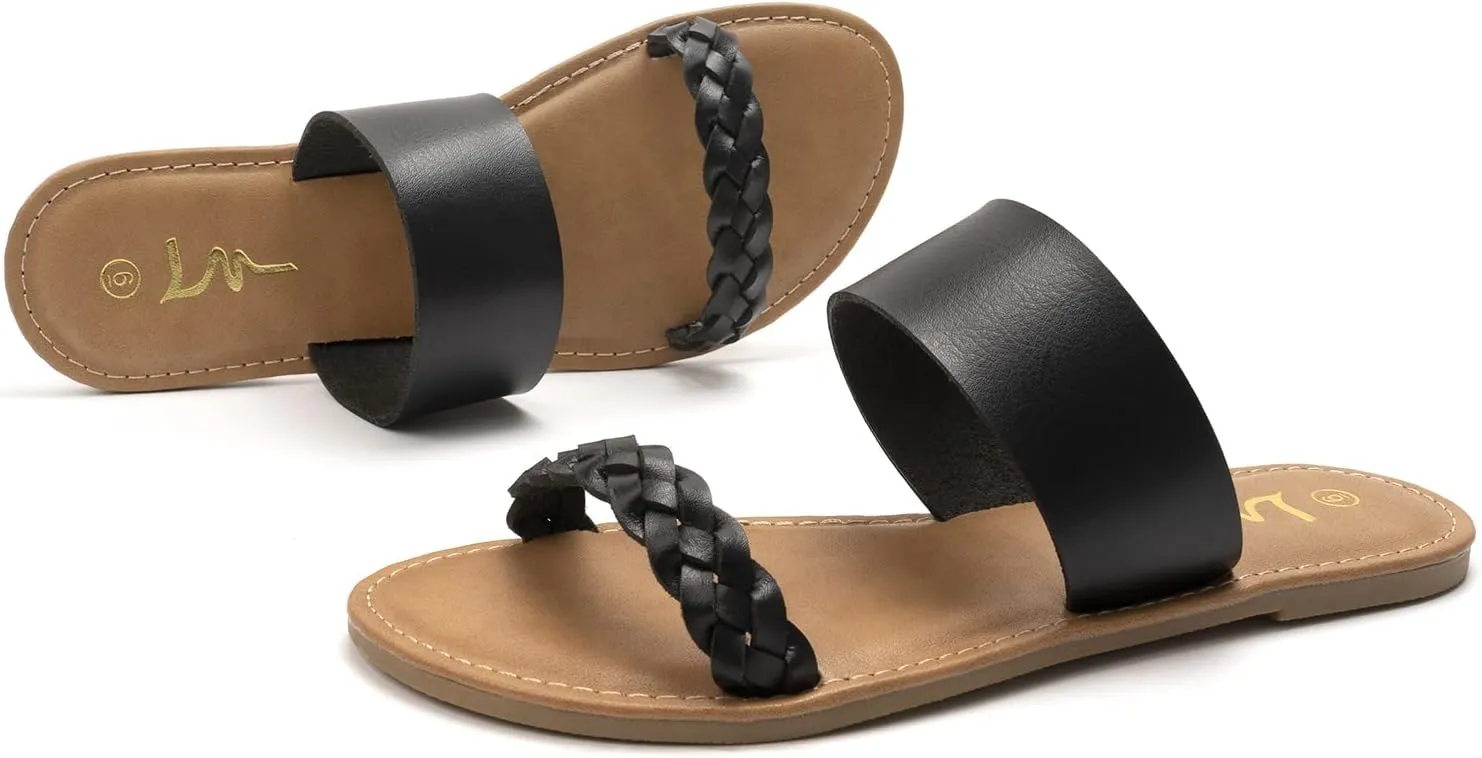 LM Women's Braided Slide Sandals Open Toe Two Band Slip On Flat Sandals Casual Summer Sandals