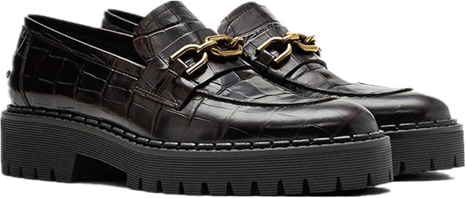 Loafers for Women Vintage Crocodile Pattern Genuine Leather Thick Sole Casual Loafers for Women Slip-On Flat Shoes