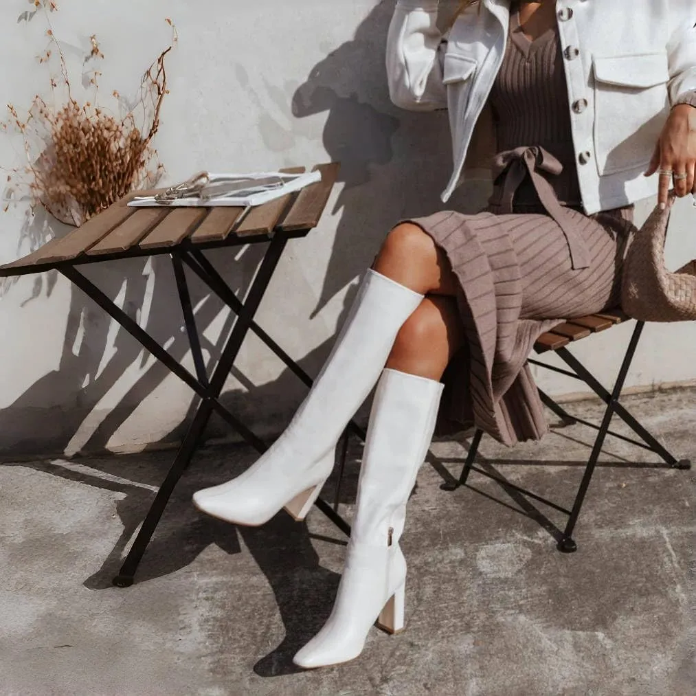 Lovee Cosee Knee High Boots for Women Square Toe Chunky Heeled Boots with Side Zipper Fashion Dress Elastic Tall Boots