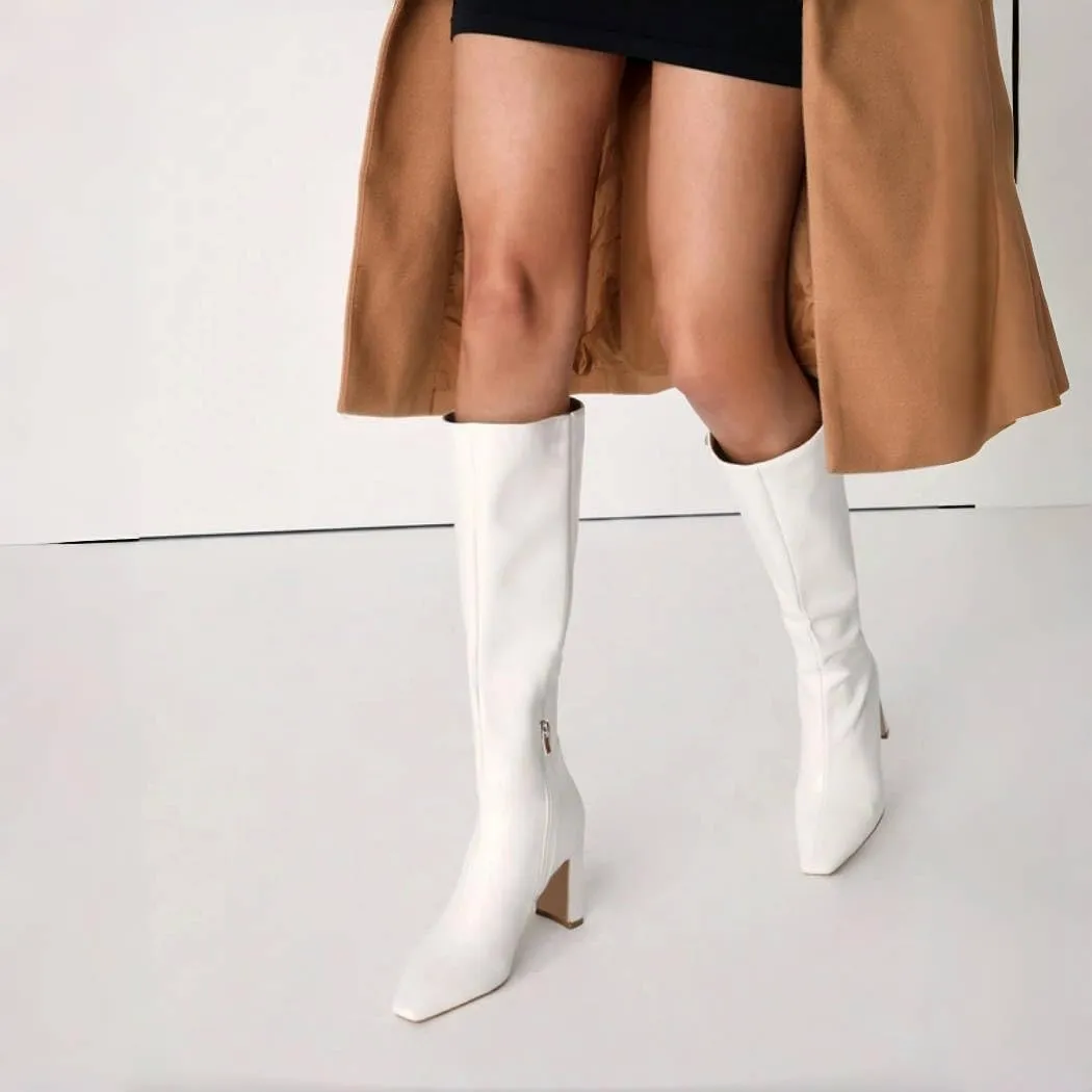 Lovee Cosee Knee High Boots for Women Square Toe Chunky Heeled Boots with Side Zipper Fashion Dress Elastic Tall Boots