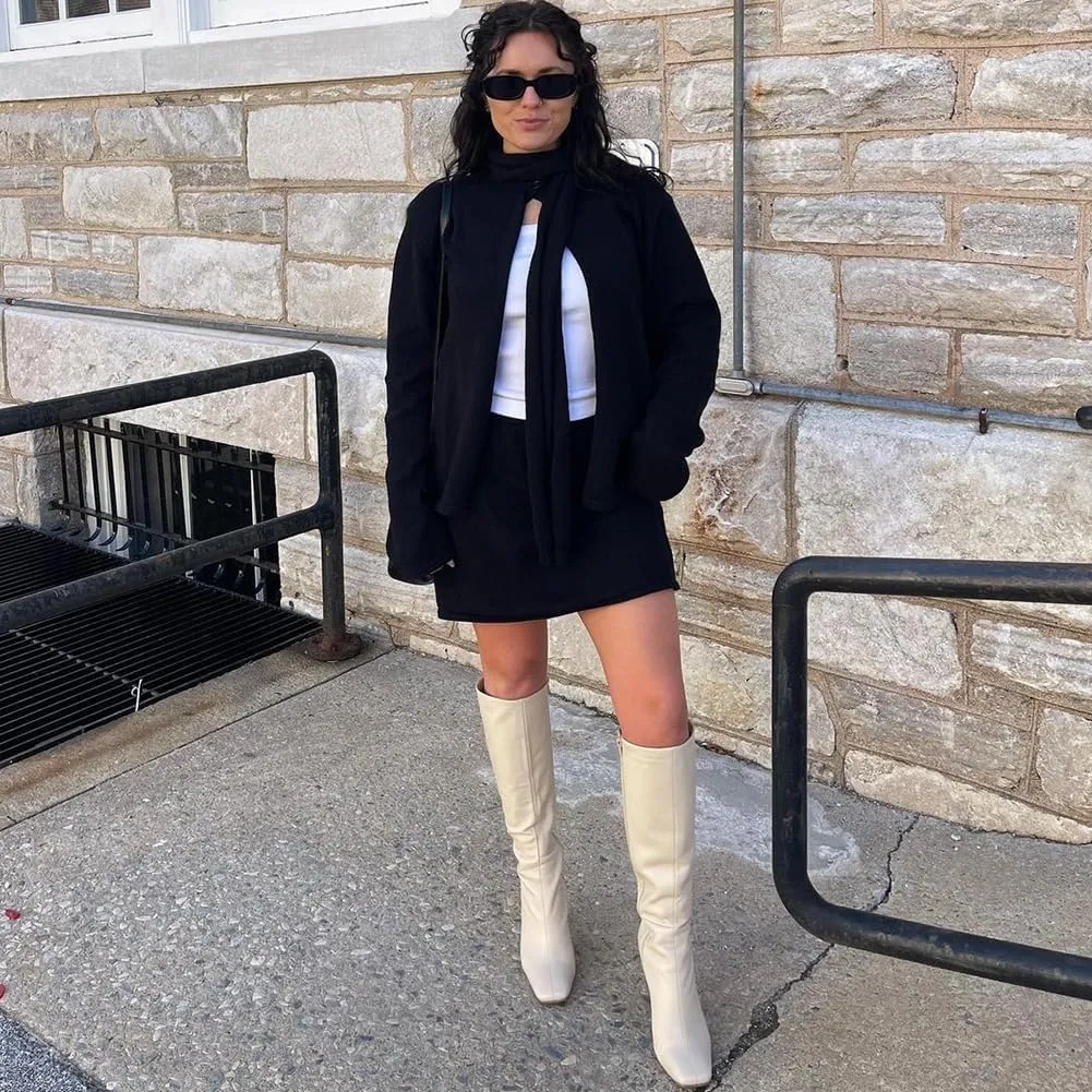 Lovee Cosee Knee High Boots for Women Square Toe Chunky Heeled Boots with Side Zipper Fashion Dress Elastic Tall Boots