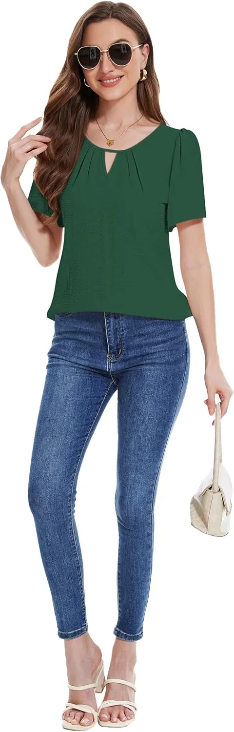 LOZ Womens Keyhole Business Casual Tops Short Sleeve Summer Shirts Office Dressy Blouses for Work Professional 2025