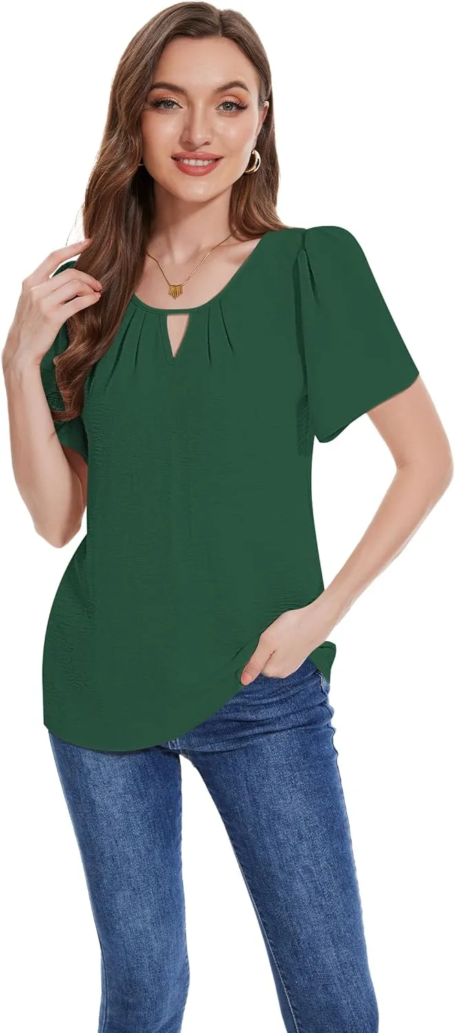 LOZ Womens Keyhole Business Casual Tops Short Sleeve Summer Shirts Office Dressy Blouses for Work Professional 2025
