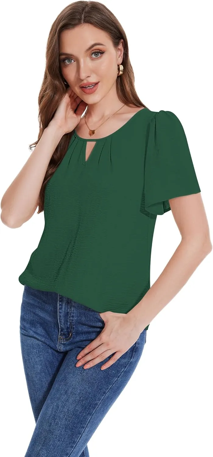 LOZ Womens Keyhole Business Casual Tops Short Sleeve Summer Shirts Office Dressy Blouses for Work Professional 2025