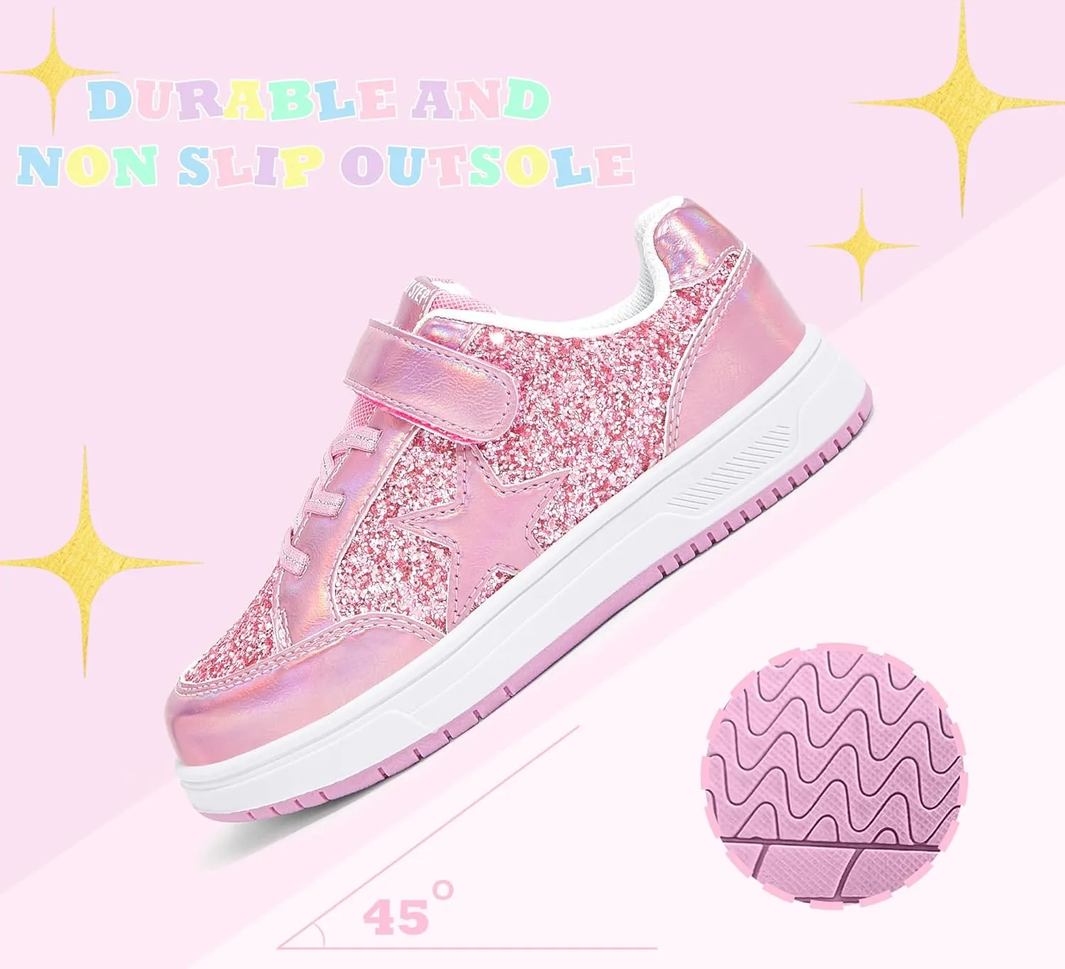LUCKY STEP Kid's Glitter Walking Shoes Shiny Sparkly Sequins Fashion Sneakers Hook and Loop Athletic Unisex-Child Casual Running for Children/Boys/Girls