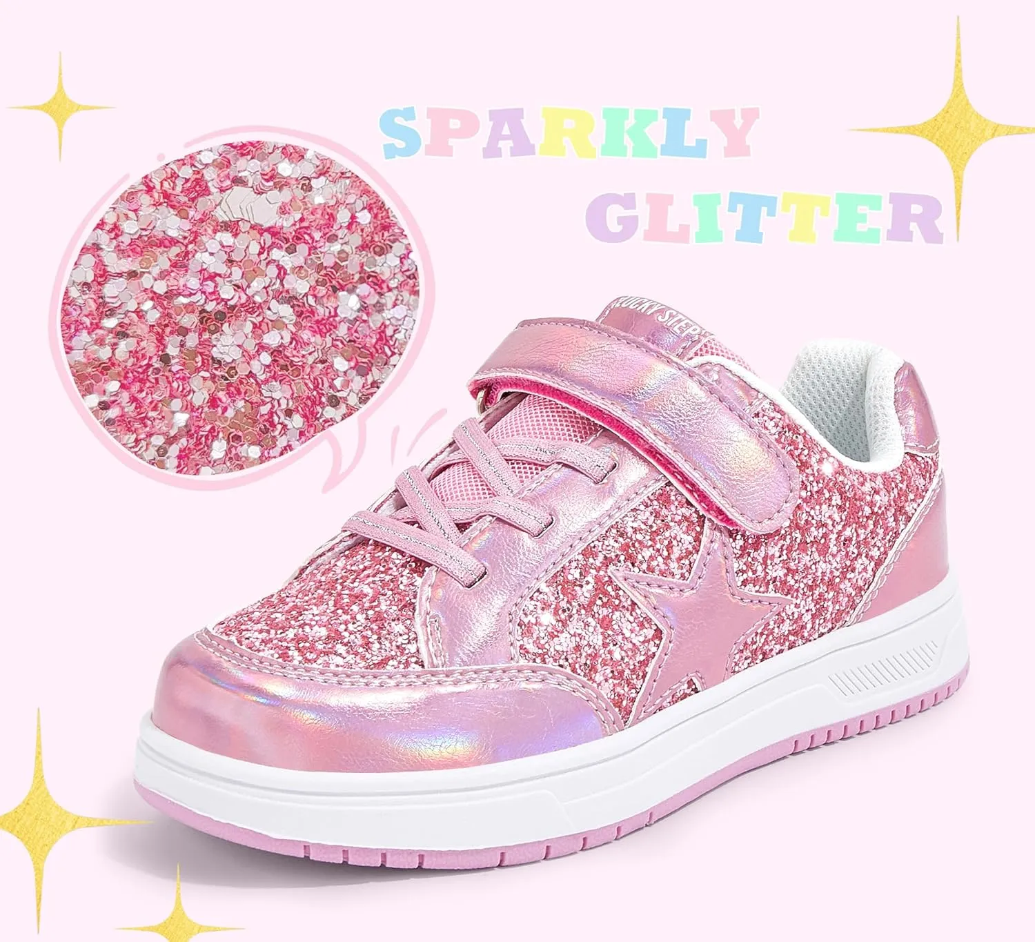 LUCKY STEP Kid's Glitter Walking Shoes Shiny Sparkly Sequins Fashion Sneakers Hook and Loop Athletic Unisex-Child Casual Running for Children/Boys/Girls