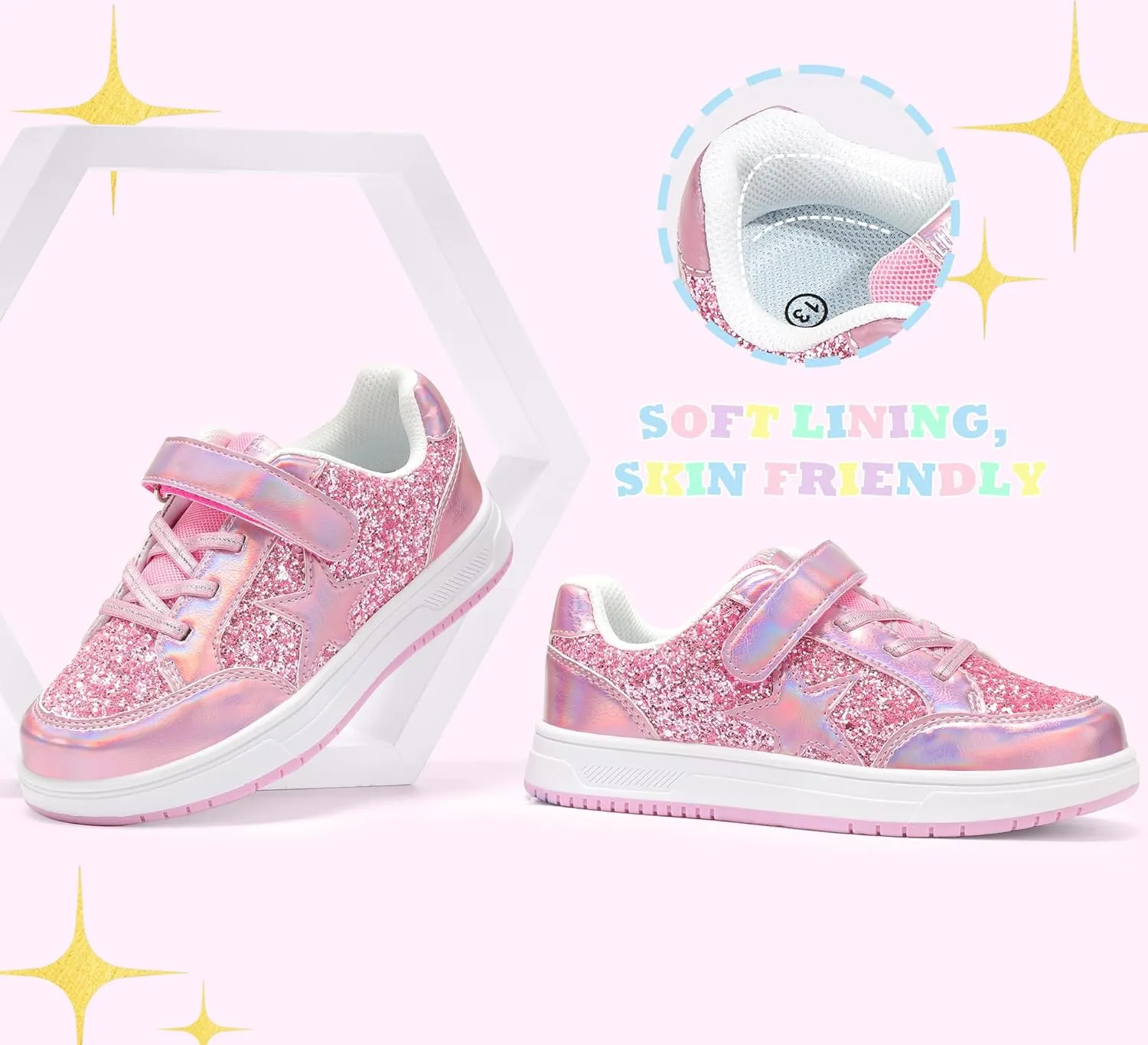 LUCKY STEP Kid's Glitter Walking Shoes Shiny Sparkly Sequins Fashion Sneakers Hook and Loop Athletic Unisex-Child Casual Running for Children/Boys/Girls