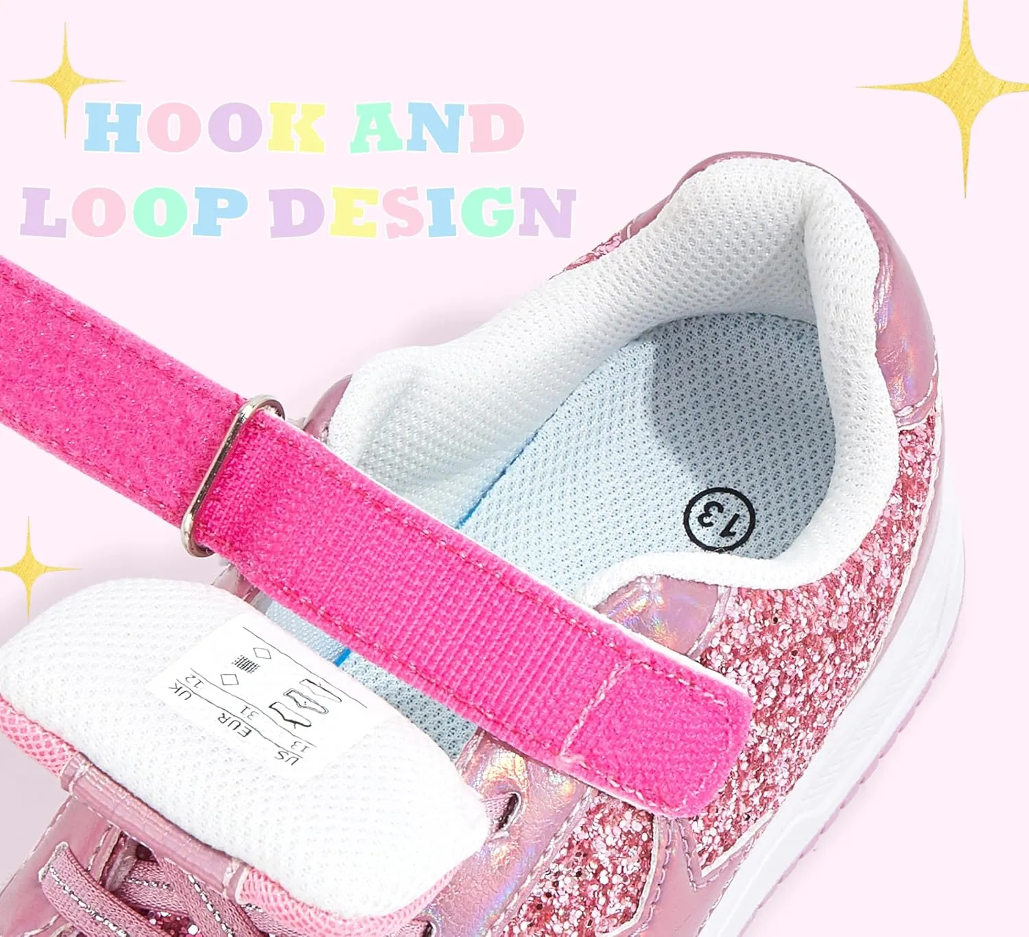 LUCKY STEP Kid's Glitter Walking Shoes Shiny Sparkly Sequins Fashion Sneakers Hook and Loop Athletic Unisex-Child Casual Running for Children/Boys/Girls