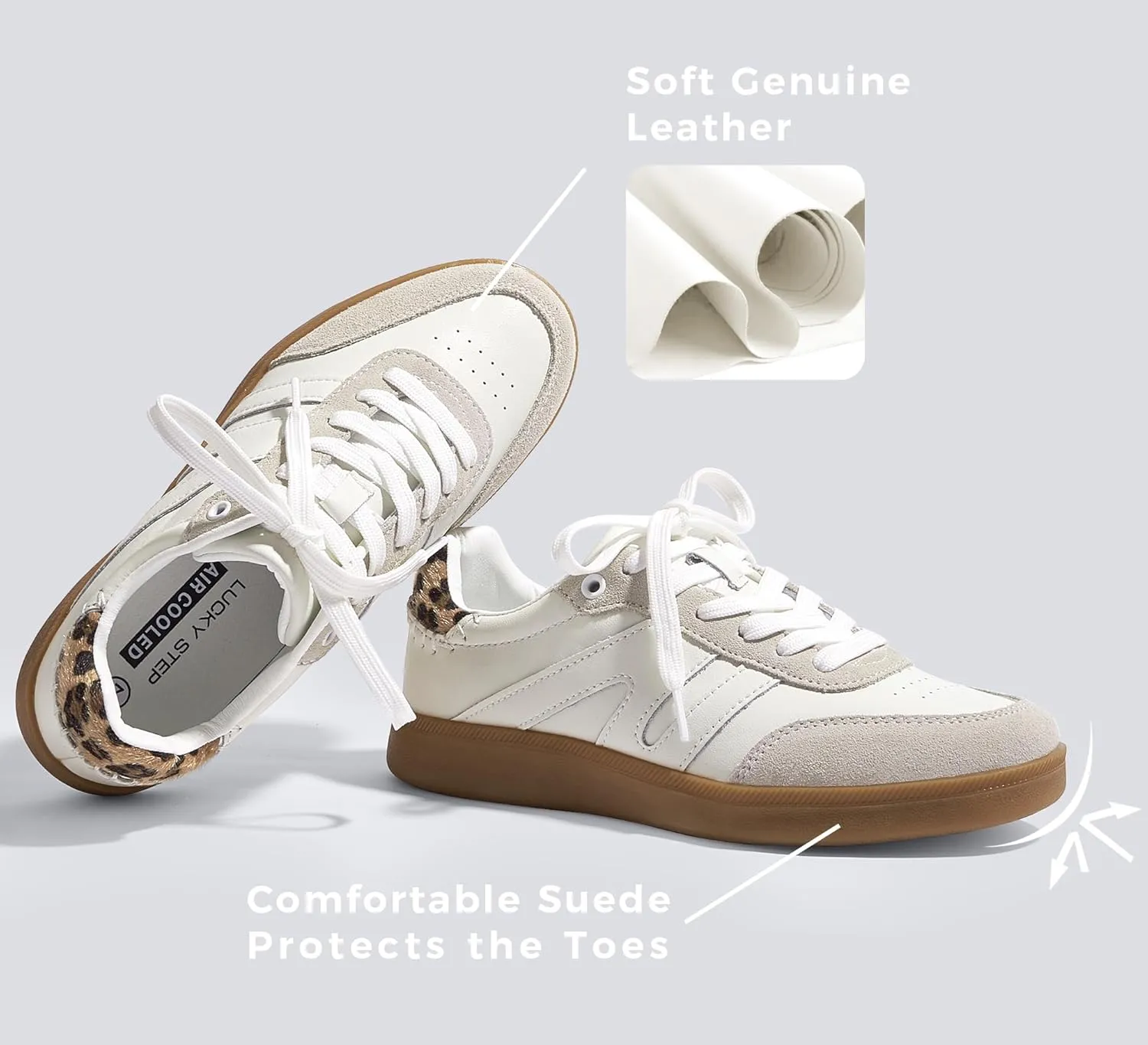 LUCKY STEP Women Classic Retro Gum Sole Fashion Sneakers Casual Tennis Skate Shoe Genuine Leather Walking Footwear Anti Slip Trainers