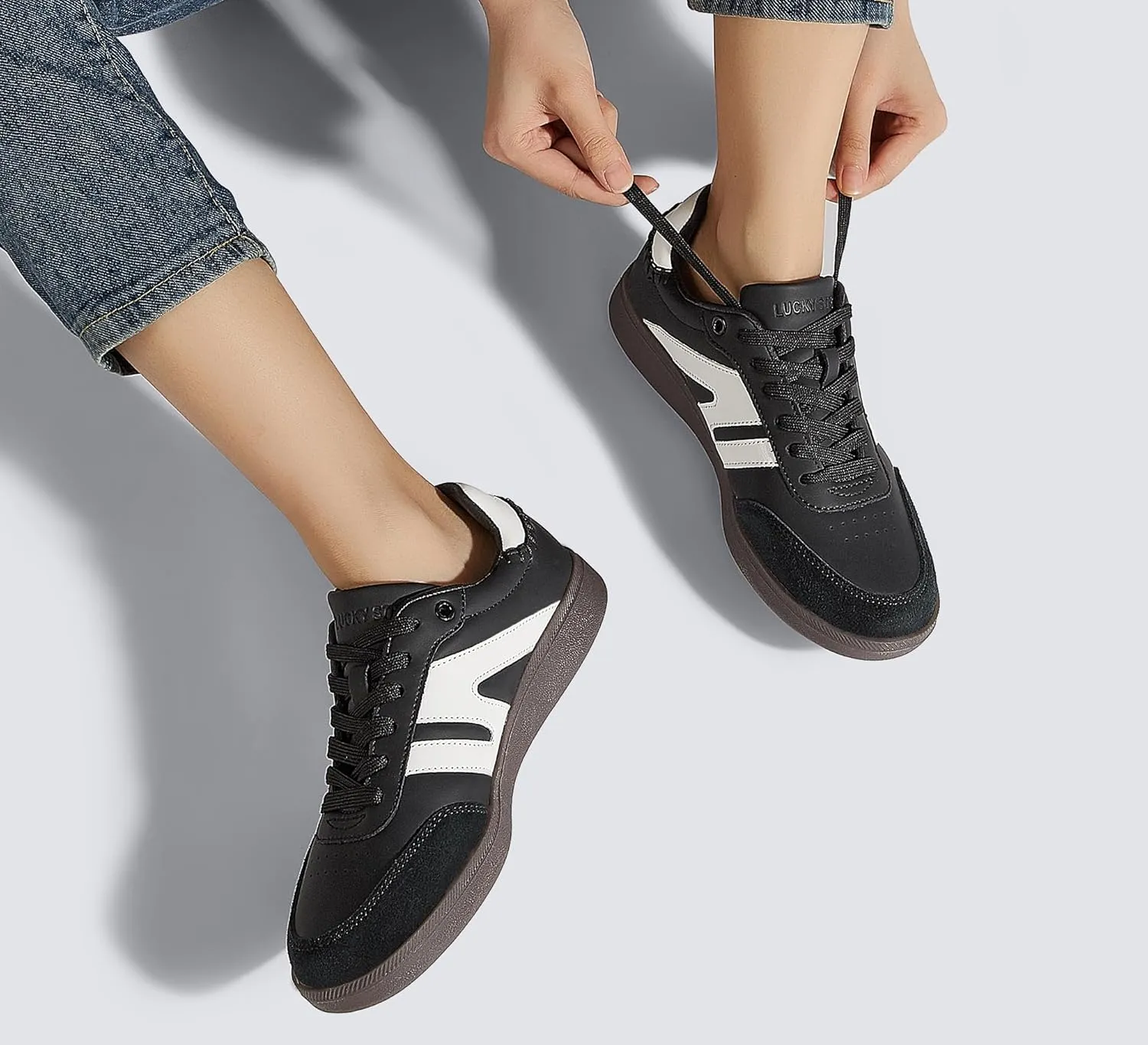 LUCKY STEP Women Classic Retro Gum Sole Fashion Sneakers Casual Tennis Skate Shoe Genuine Leather Walking Footwear Anti Slip Trainers