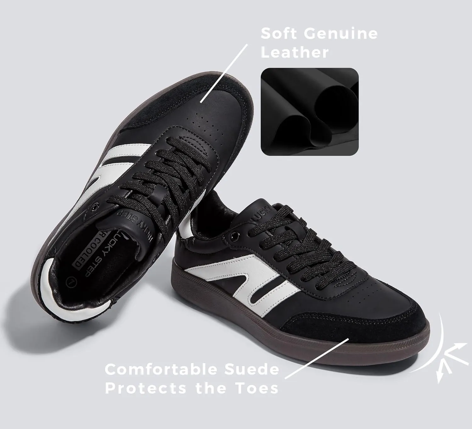 LUCKY STEP Women Classic Retro Gum Sole Fashion Sneakers Casual Tennis Skate Shoe Genuine Leather Walking Footwear Anti Slip Trainers