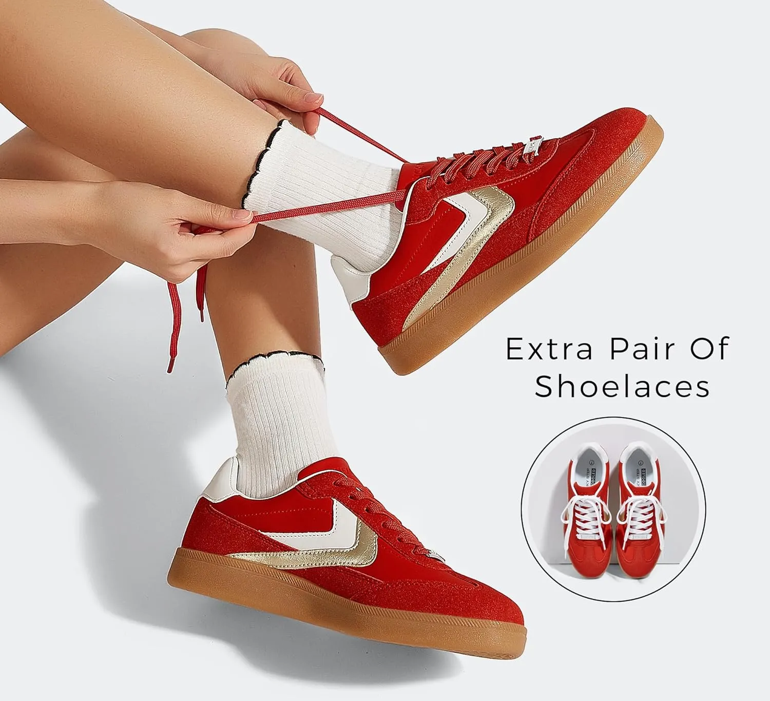 LUCKY STEP Women Retro Sneakers Fashion Classic Gum Sole Tennis Skate Shoes Casual Trendy Walking Trainer Anti Slip Flat Low-Top Footwear