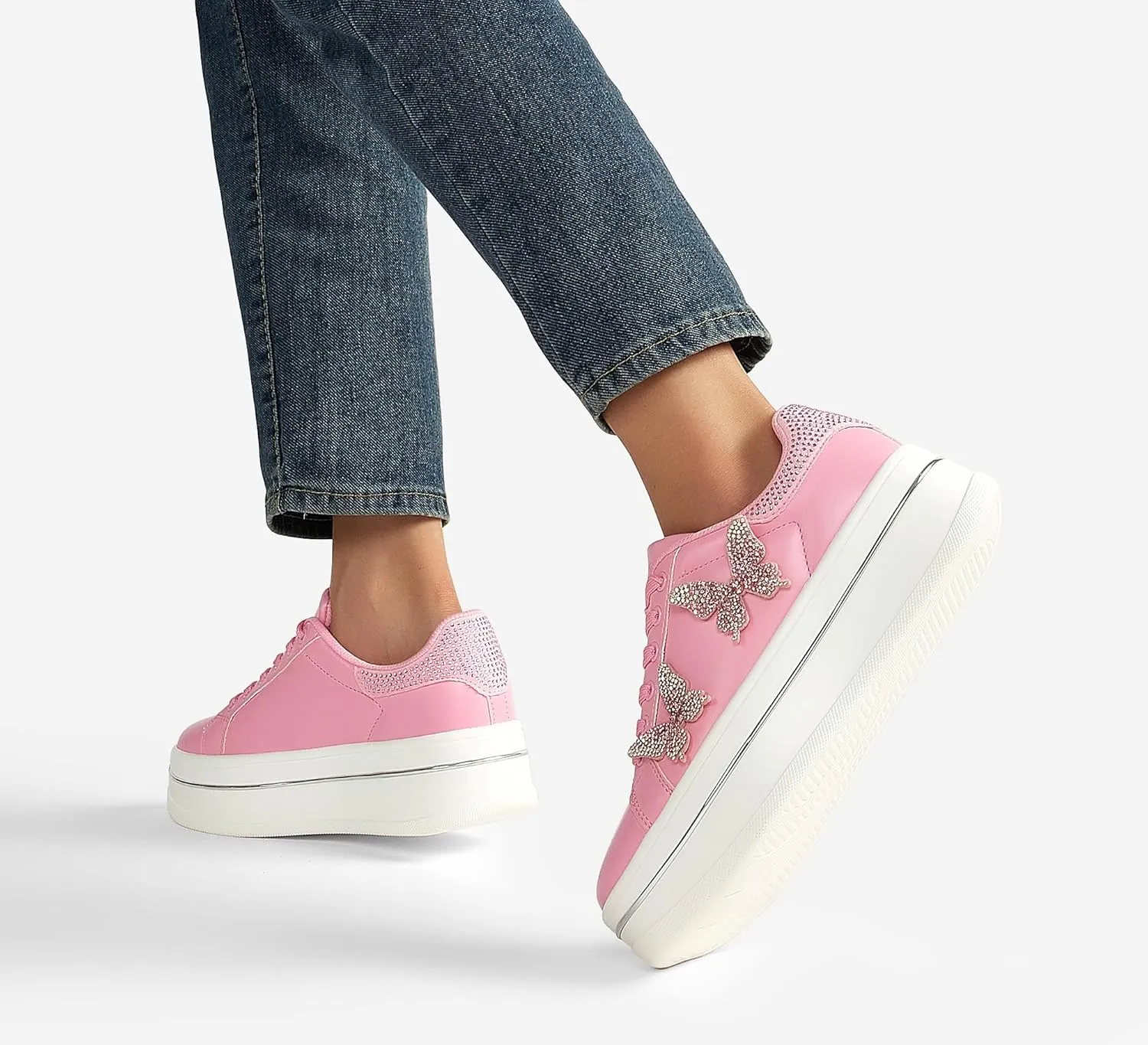 LUCKY STEP Women's Chunky Fashion Sneakers High Platform Rhinestone Butterfly Casual Faux Leather Durable Walking Tennis Shoes
