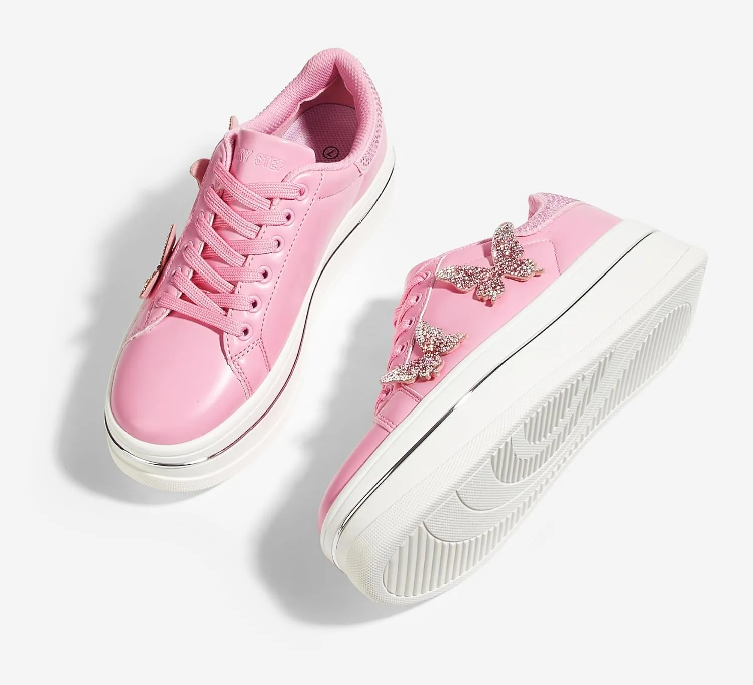 LUCKY STEP Women's Chunky Fashion Sneakers High Platform Rhinestone Butterfly Casual Faux Leather Durable Walking Tennis Shoes