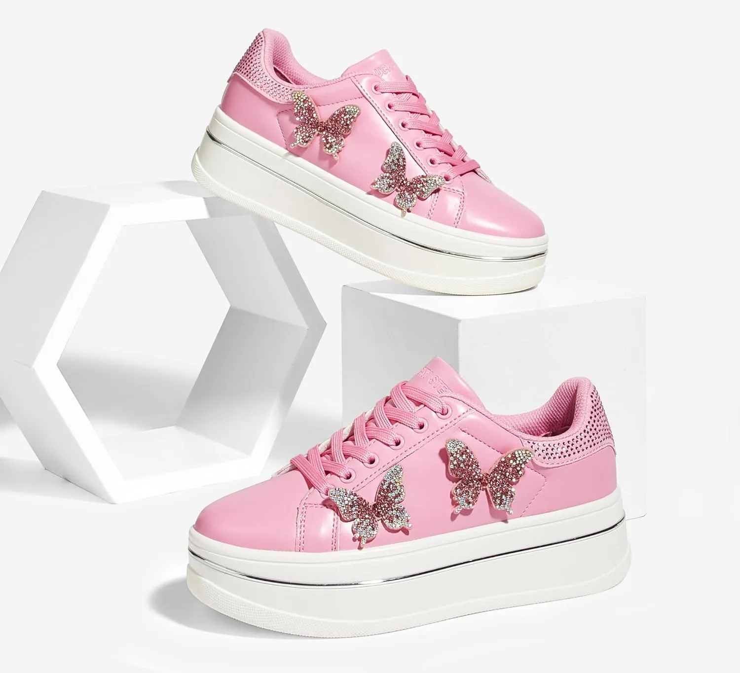 LUCKY STEP Women's Chunky Fashion Sneakers High Platform Rhinestone Butterfly Casual Faux Leather Durable Walking Tennis Shoes