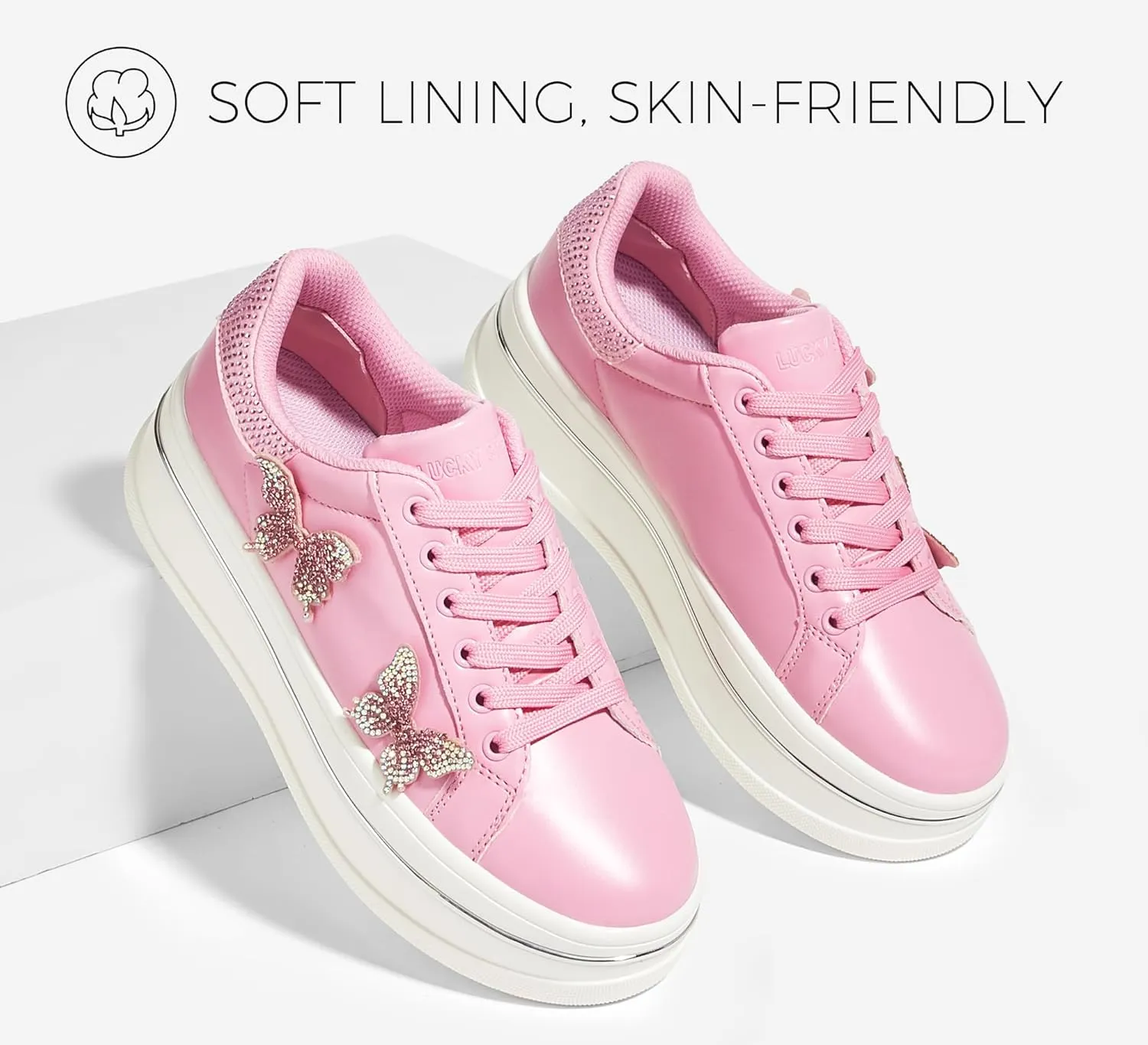 LUCKY STEP Women's Chunky Fashion Sneakers High Platform Rhinestone Butterfly Casual Faux Leather Durable Walking Tennis Shoes