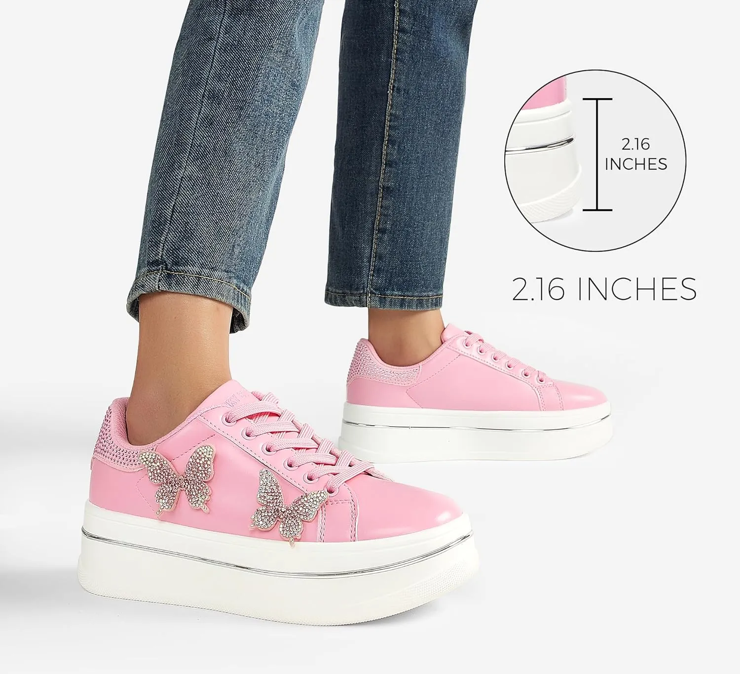 LUCKY STEP Women's Chunky Fashion Sneakers High Platform Rhinestone Butterfly Casual Faux Leather Durable Walking Tennis Shoes