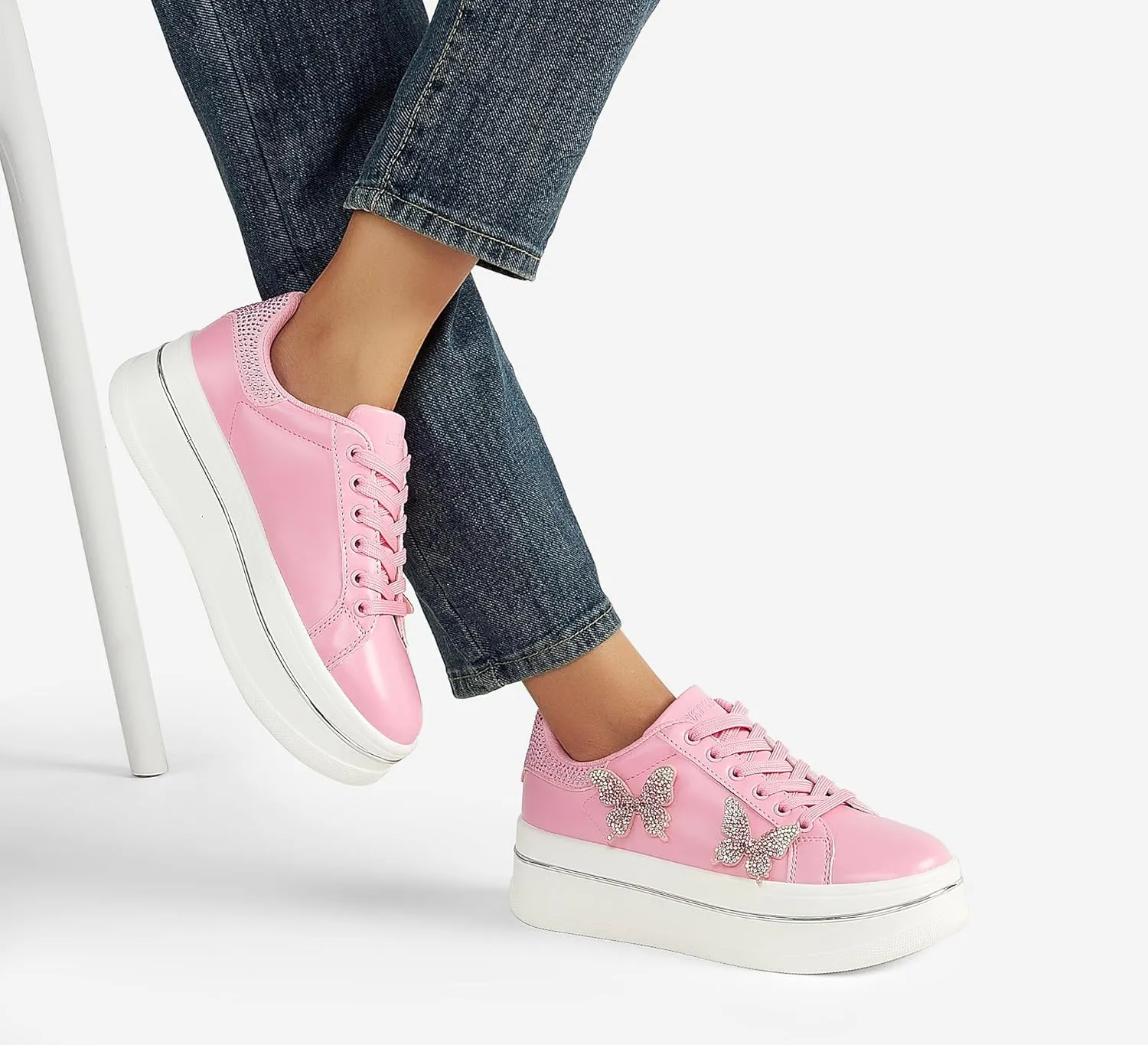 LUCKY STEP Women's Chunky Fashion Sneakers High Platform Rhinestone Butterfly Casual Faux Leather Durable Walking Tennis Shoes