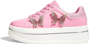 LUCKY STEP Women's Chunky Fashion Sneakers High Platform Rhinestone Butterfly Casual Faux Leather Durable Walking Tennis Shoes