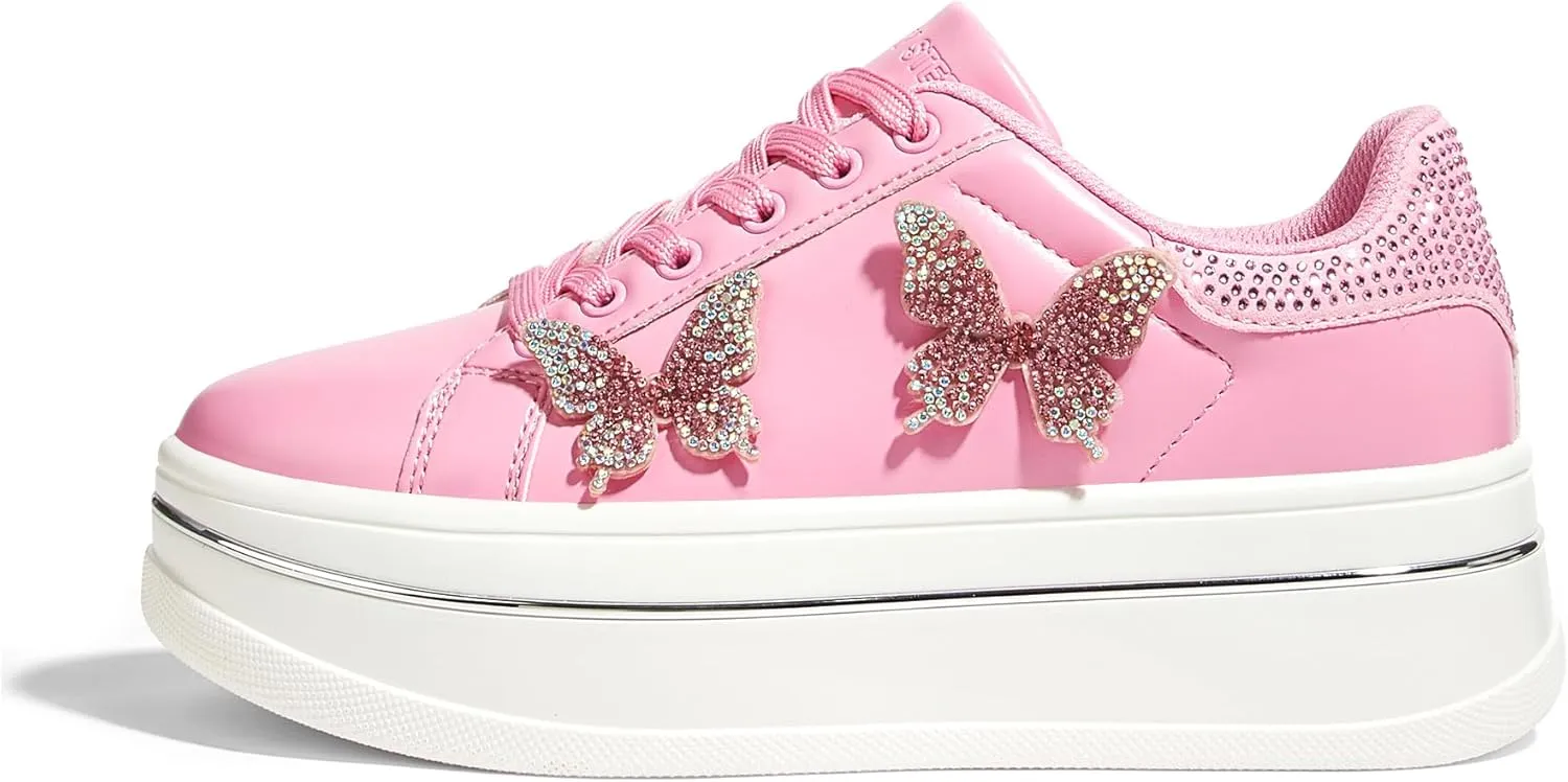 LUCKY STEP Women's Chunky Fashion Sneakers High Platform Rhinestone Butterfly Casual Faux Leather Durable Walking Tennis Shoes