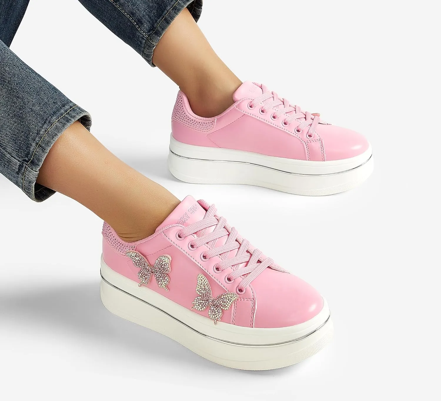 LUCKY STEP Women's Chunky Fashion Sneakers High Platform Rhinestone Butterfly Casual Faux Leather Durable Walking Tennis Shoes