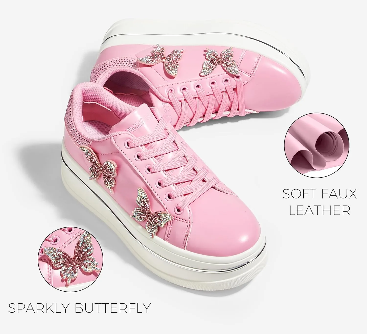 LUCKY STEP Women's Chunky Fashion Sneakers High Platform Rhinestone Butterfly Casual Faux Leather Durable Walking Tennis Shoes