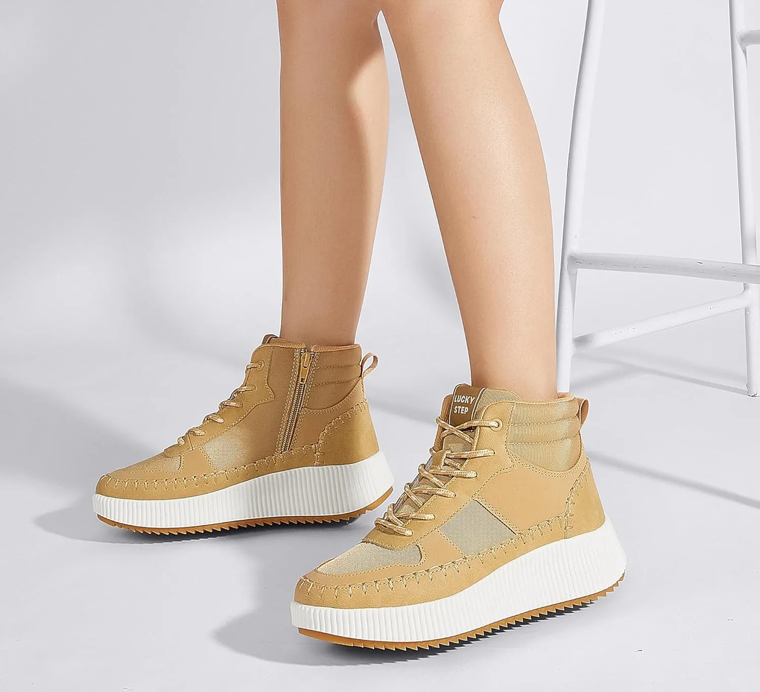 LUCKY STEP Women's Platform High Top Sneakers Fashion Zipper Woven Chunky Ankle Boots Casual Tennis Retro Braided Walking Shoes
