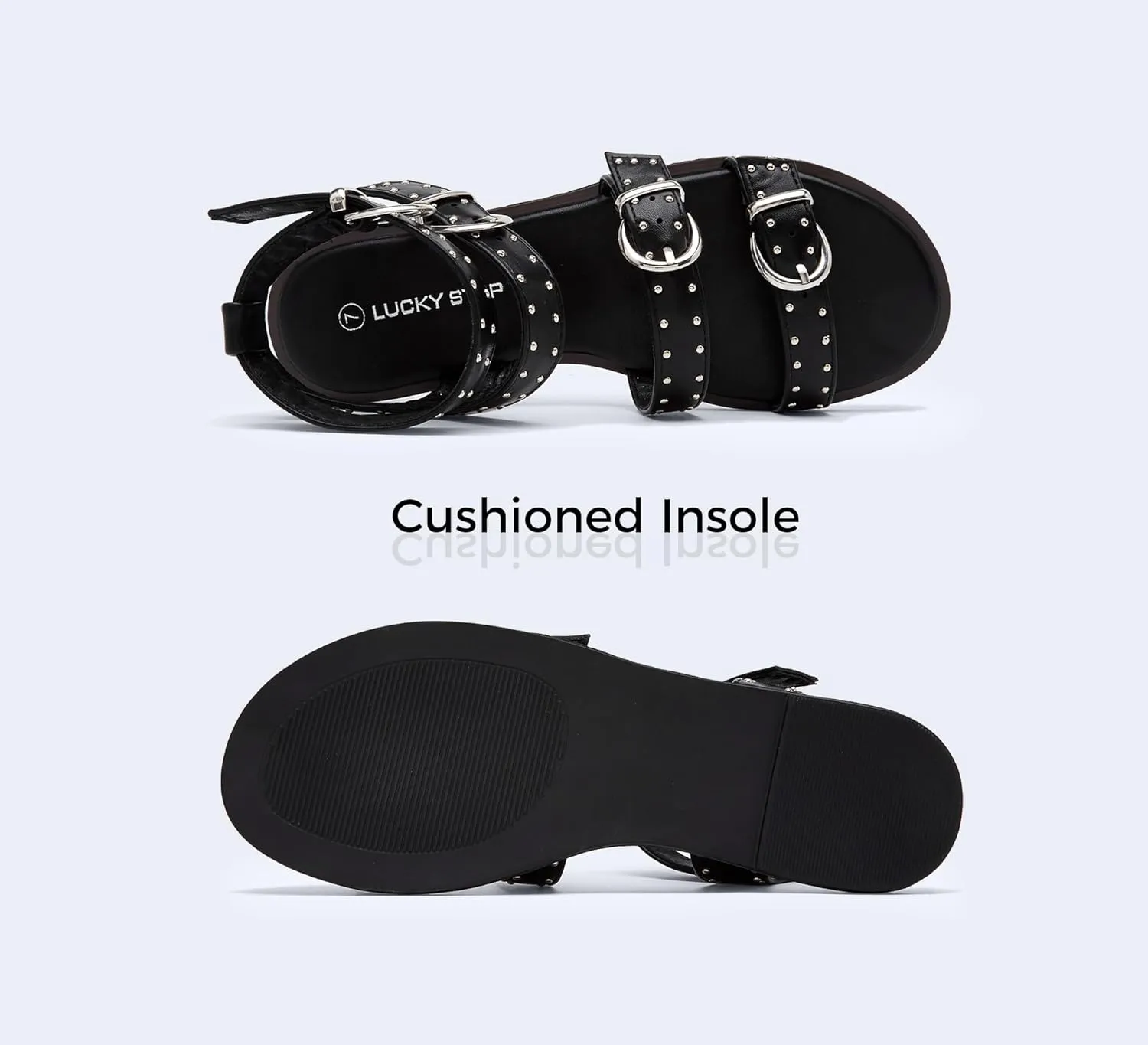 LUCKY STEP Women's Rhinestone Buckle Flat Sandals Open Toe Gladiator Casual Shoes Ankle Strap Summer Fisherman Sandal