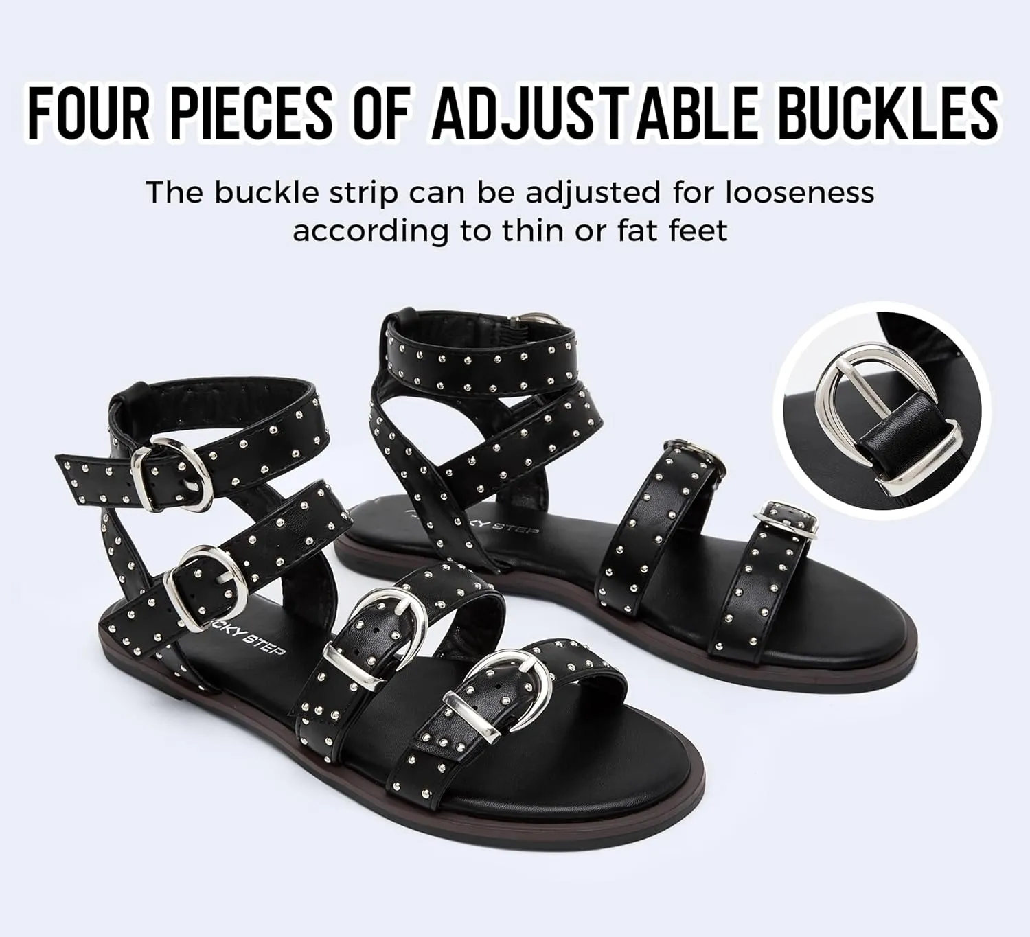 LUCKY STEP Women's Rhinestone Buckle Flat Sandals Open Toe Gladiator Casual Shoes Ankle Strap Summer Fisherman Sandal