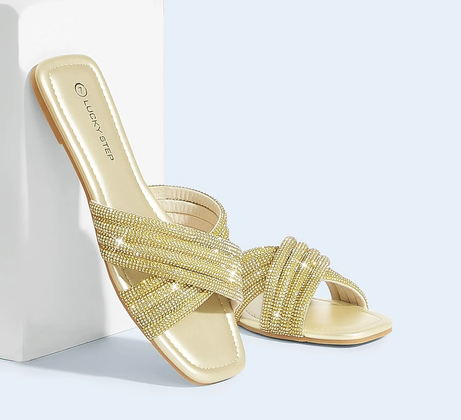 LUCKY STEP Women's Rhinestone Flat Sandals Open Toe Summer Glitter Bling Sparkle Dressy Slip on Outdoor Crossed Strap Slide