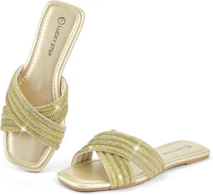 LUCKY STEP Women's Rhinestone Flat Sandals Open Toe Summer Glitter Bling Sparkle Dressy Slip on Outdoor Crossed Strap Slide