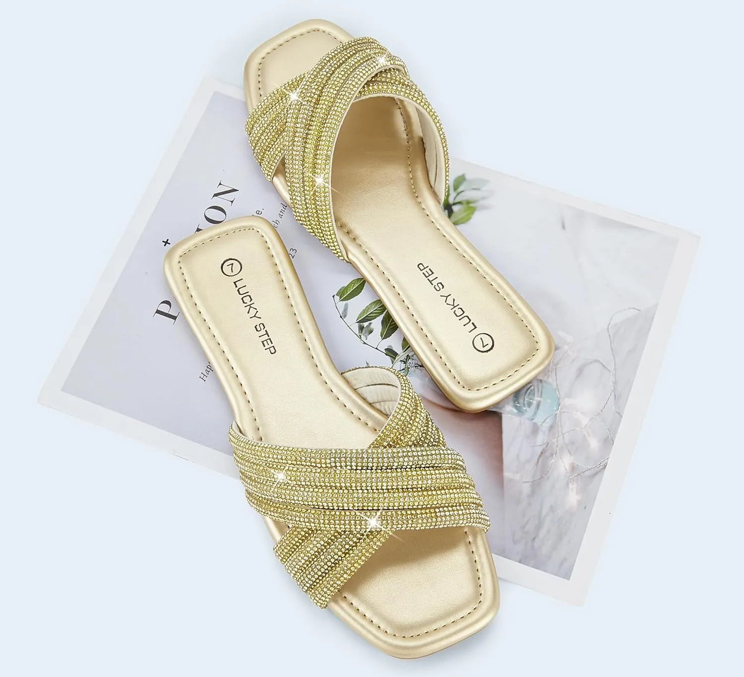 LUCKY STEP Women's Rhinestone Flat Sandals Open Toe Summer Glitter Bling Sparkle Dressy Slip on Outdoor Crossed Strap Slide