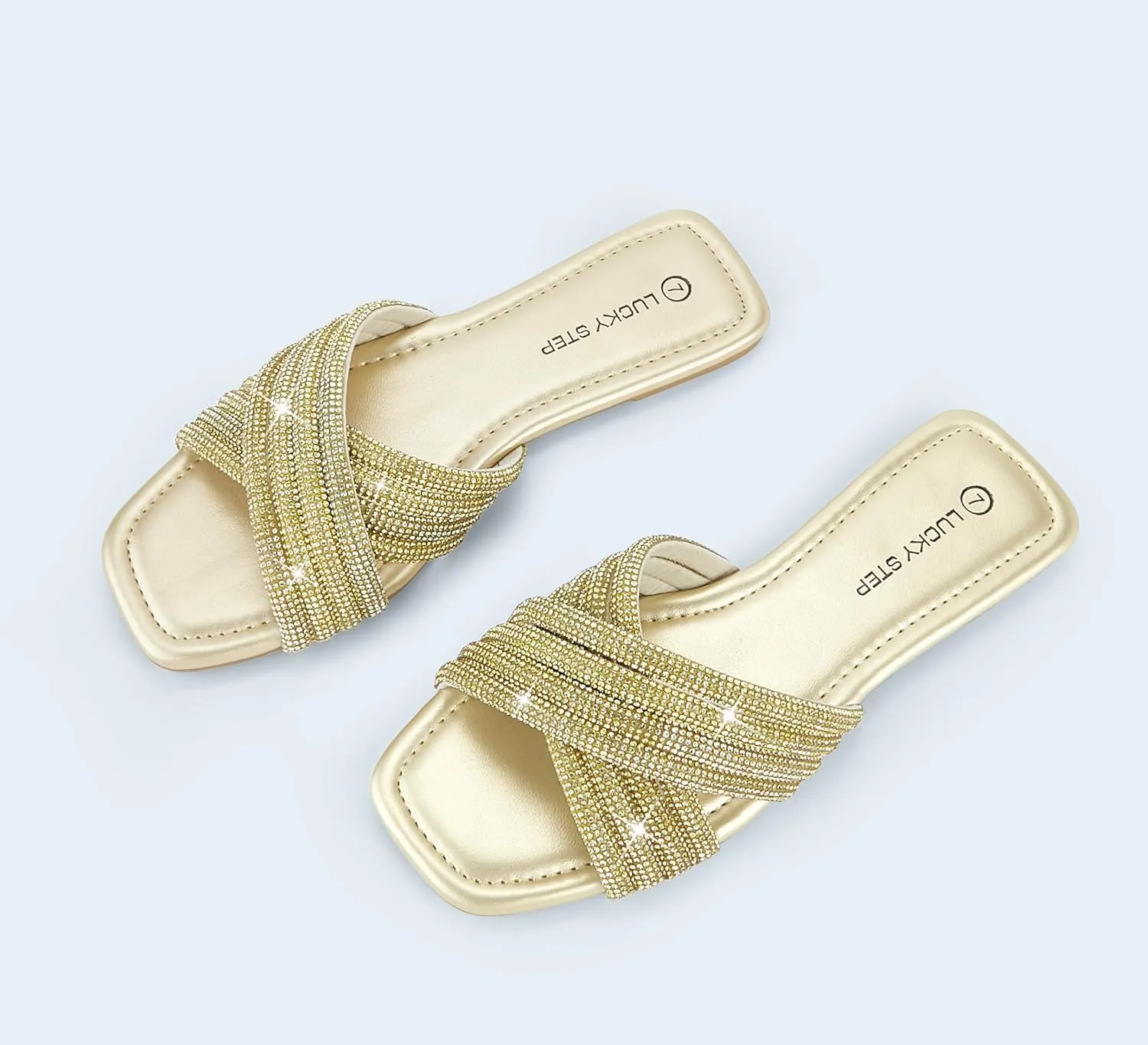 LUCKY STEP Women's Rhinestone Flat Sandals Open Toe Summer Glitter Bling Sparkle Dressy Slip on Outdoor Crossed Strap Slide