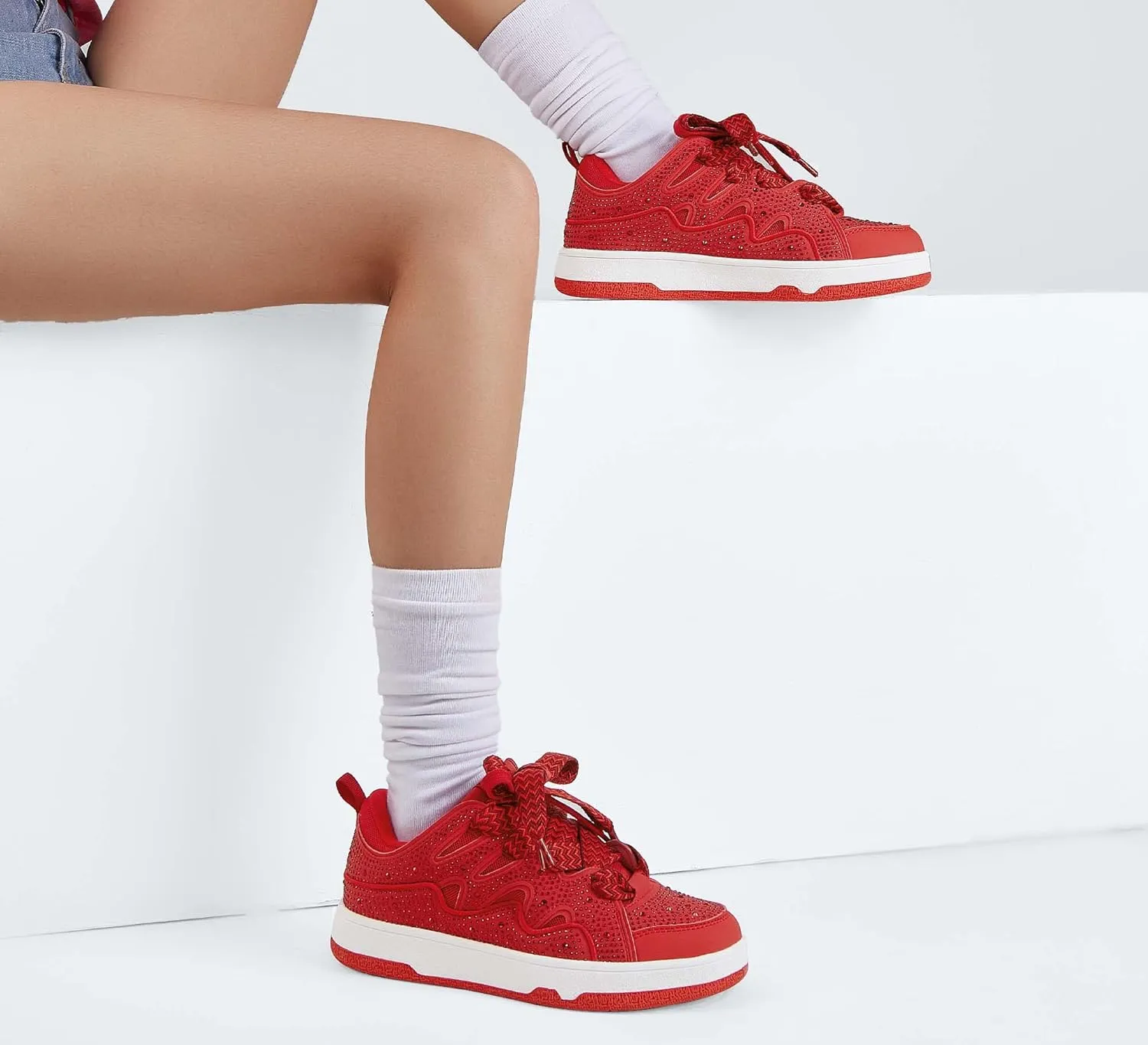 LUCKY STEP Women's Sparkle Rhinestone Fashion Sneakers Walking Tennis Bling Glitter Roaring Shoes Platform Lace up Casual Mesh Sneaker