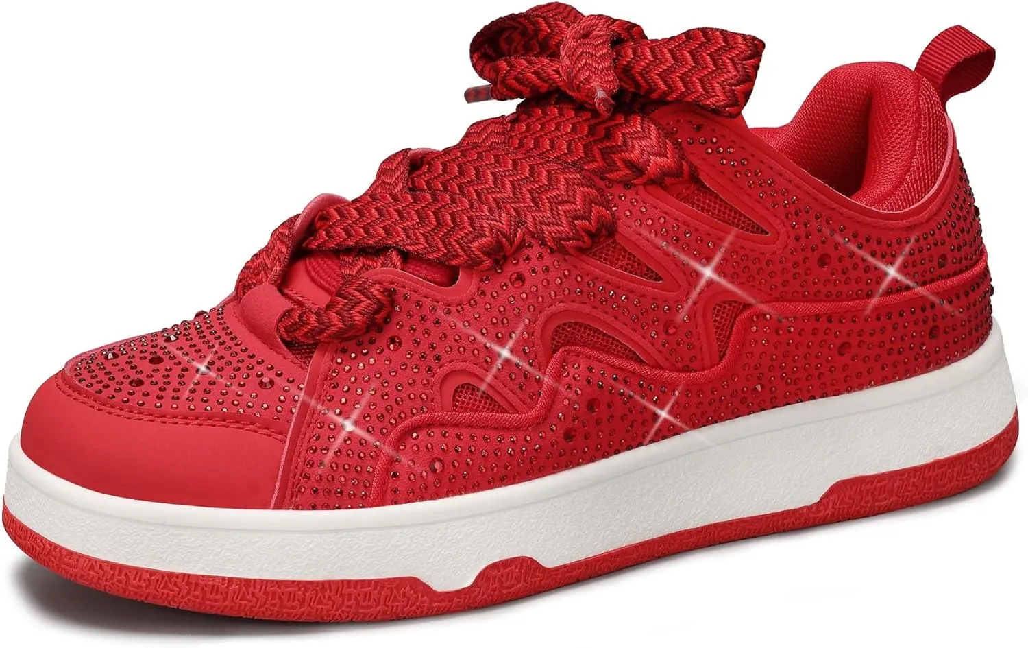 LUCKY STEP Women's Sparkle Rhinestone Fashion Sneakers Walking Tennis Bling Glitter Roaring Shoes Platform Lace up Casual Mesh Sneaker
