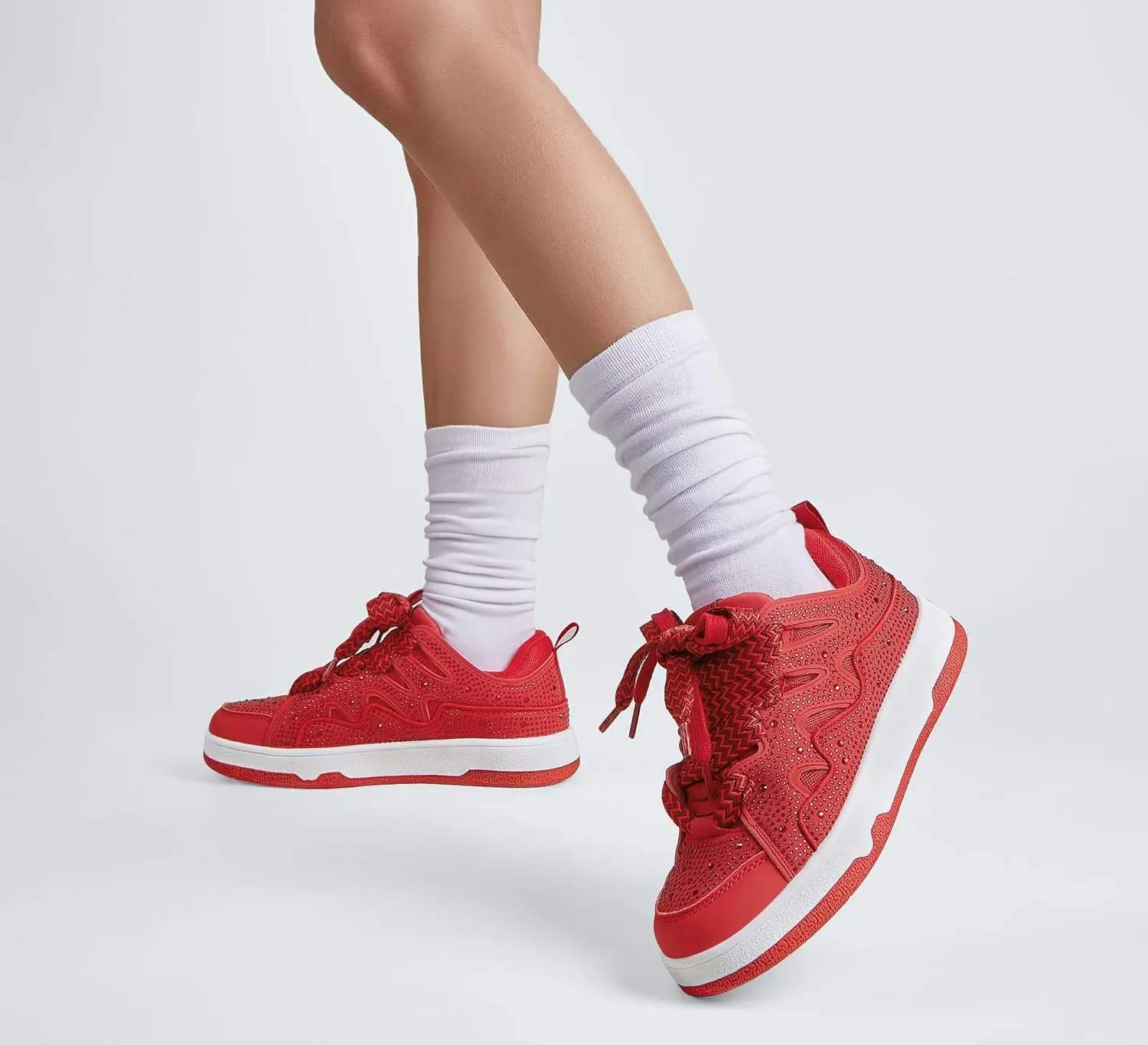LUCKY STEP Women's Sparkle Rhinestone Fashion Sneakers Walking Tennis Bling Glitter Roaring Shoes Platform Lace up Casual Mesh Sneaker