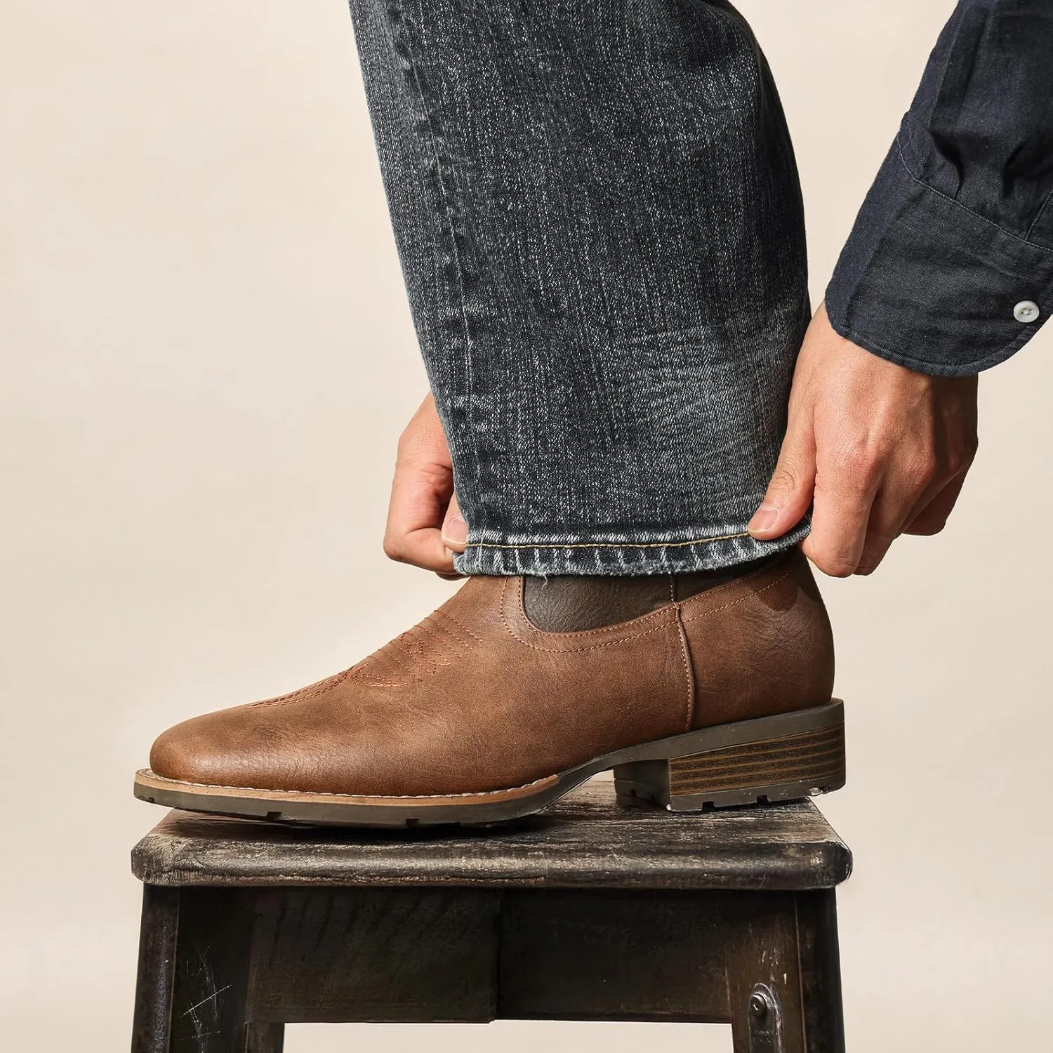 Lumeheel Cowboy Boots for Men - Western Men's Boots with Classic Embroidered, Slip on Square Toe Boots, Slip Resistant Country Boots Chunky Heel Ankle, Durable Short Boots for Spring Fall