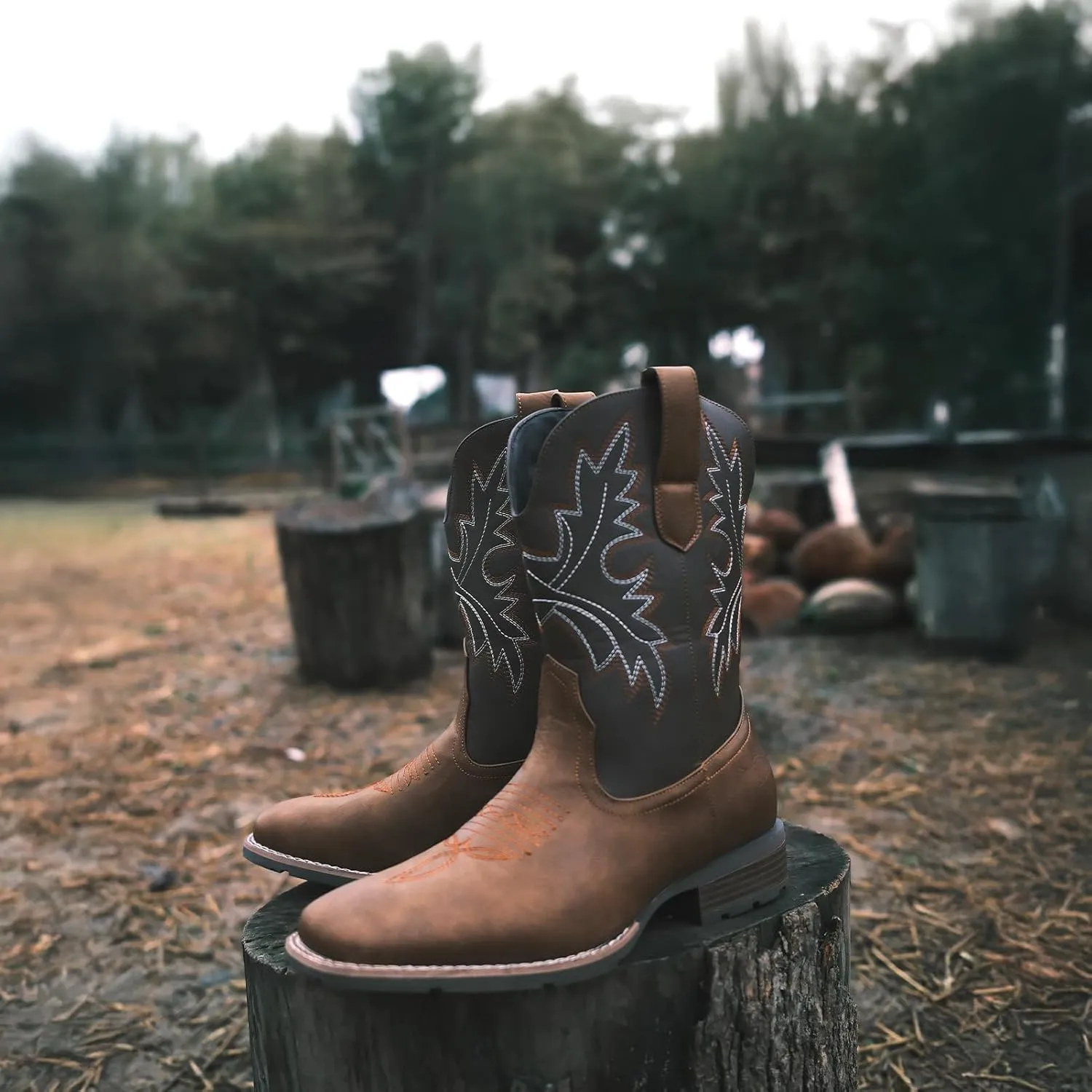 Lumeheel Cowboy Boots for Men - Western Men's Boots with Classic Embroidered, Slip on Square Toe Boots, Slip Resistant Country Boots Chunky Heel Ankle, Durable Short Boots for Spring Fall