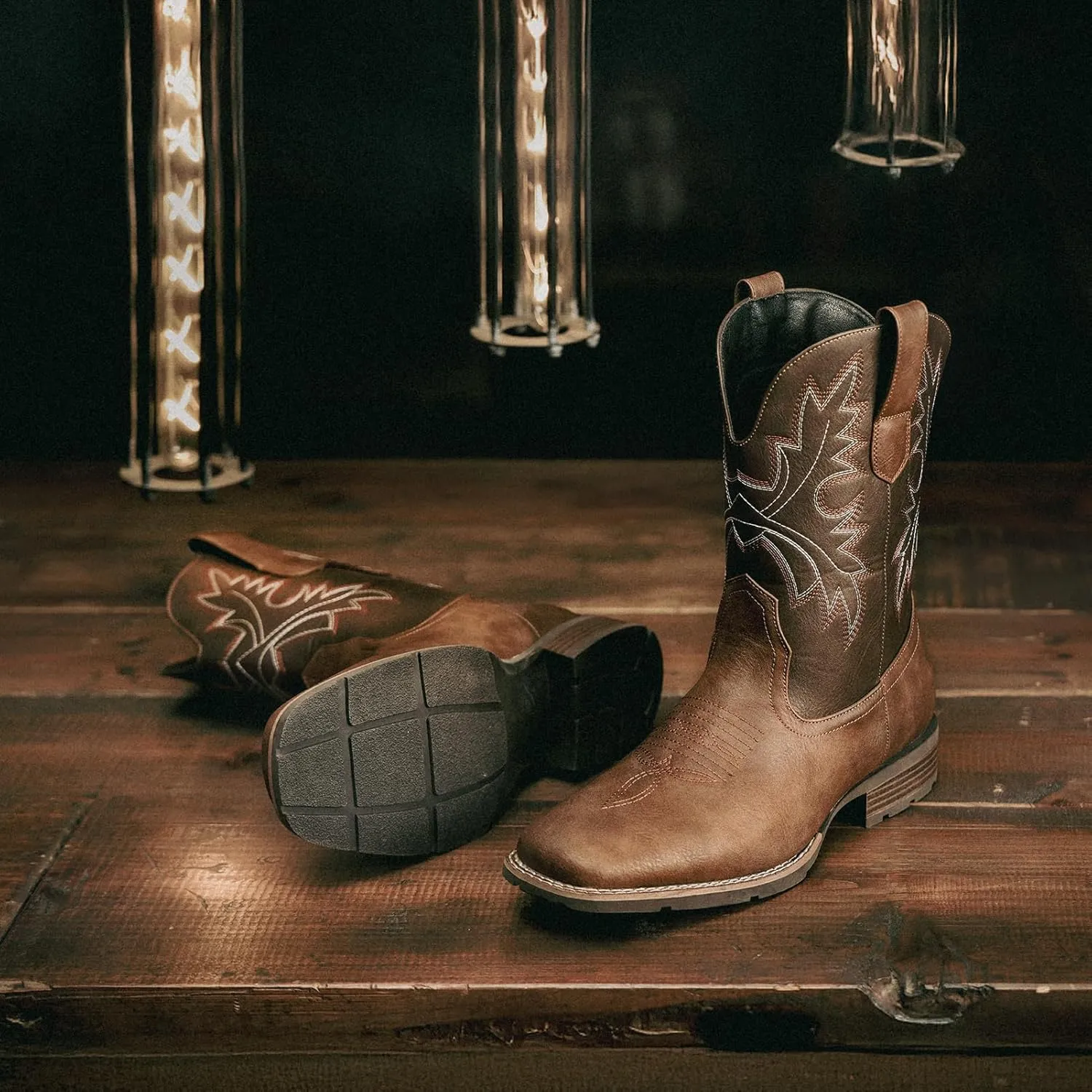 Lumeheel Cowboy Boots for Men - Western Men's Boots with Classic Embroidered, Slip on Square Toe Boots, Slip Resistant Country Boots Chunky Heel Ankle, Durable Short Boots for Spring Fall