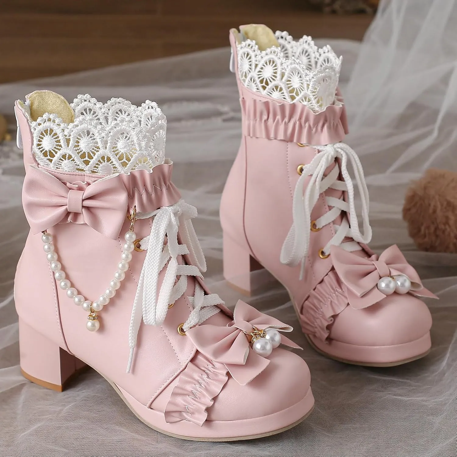 LUXMAX Women Cute Lolita Boots Chunky Mid Heel Ankle Boots with Bow Platform Lace Up Booties with Pearl