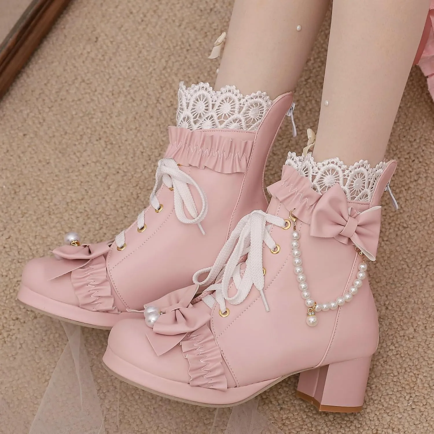 LUXMAX Women Cute Lolita Boots Chunky Mid Heel Ankle Boots with Bow Platform Lace Up Booties with Pearl