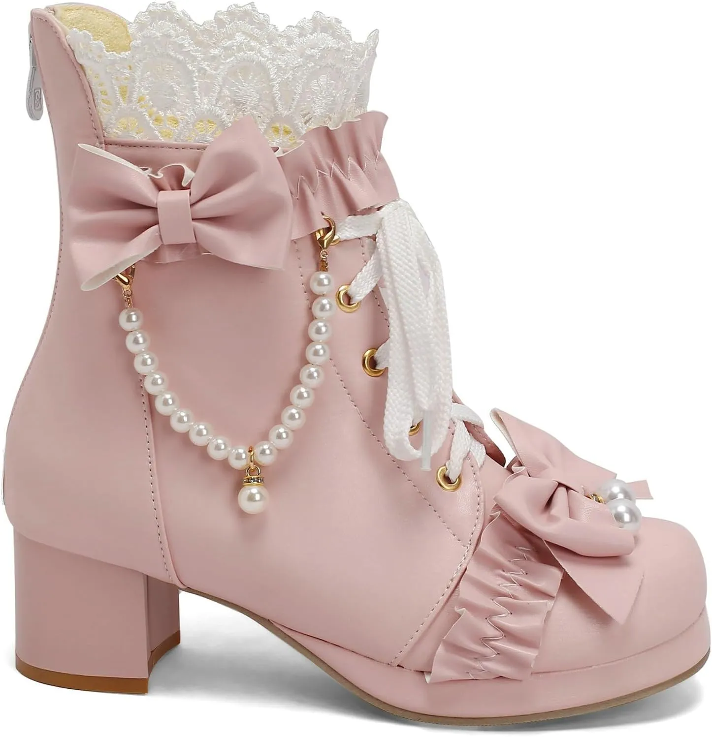 LUXMAX Women Cute Lolita Boots Chunky Mid Heel Ankle Boots with Bow Platform Lace Up Booties with Pearl
