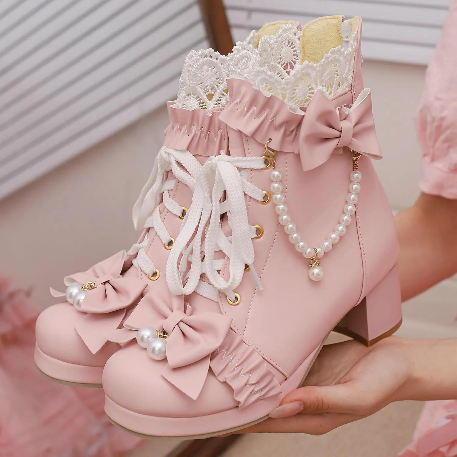 LUXMAX Women Cute Lolita Boots Chunky Mid Heel Ankle Boots with Bow Platform Lace Up Booties with Pearl