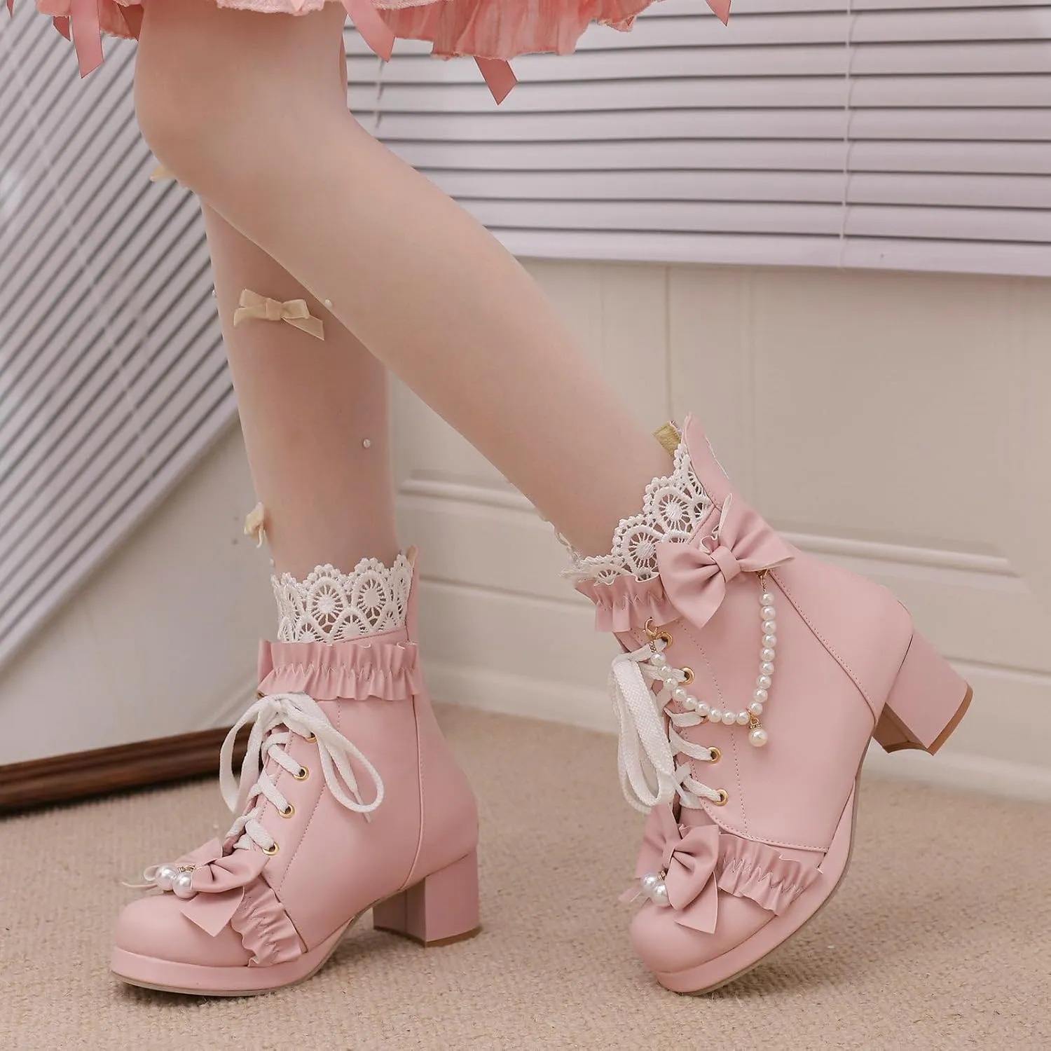 LUXMAX Women Cute Lolita Boots Chunky Mid Heel Ankle Boots with Bow Platform Lace Up Booties with Pearl