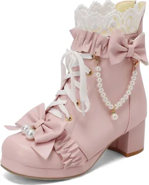 LUXMAX Women Cute Lolita Boots Chunky Mid Heel Ankle Boots with Bow Platform Lace Up Booties with Pearl