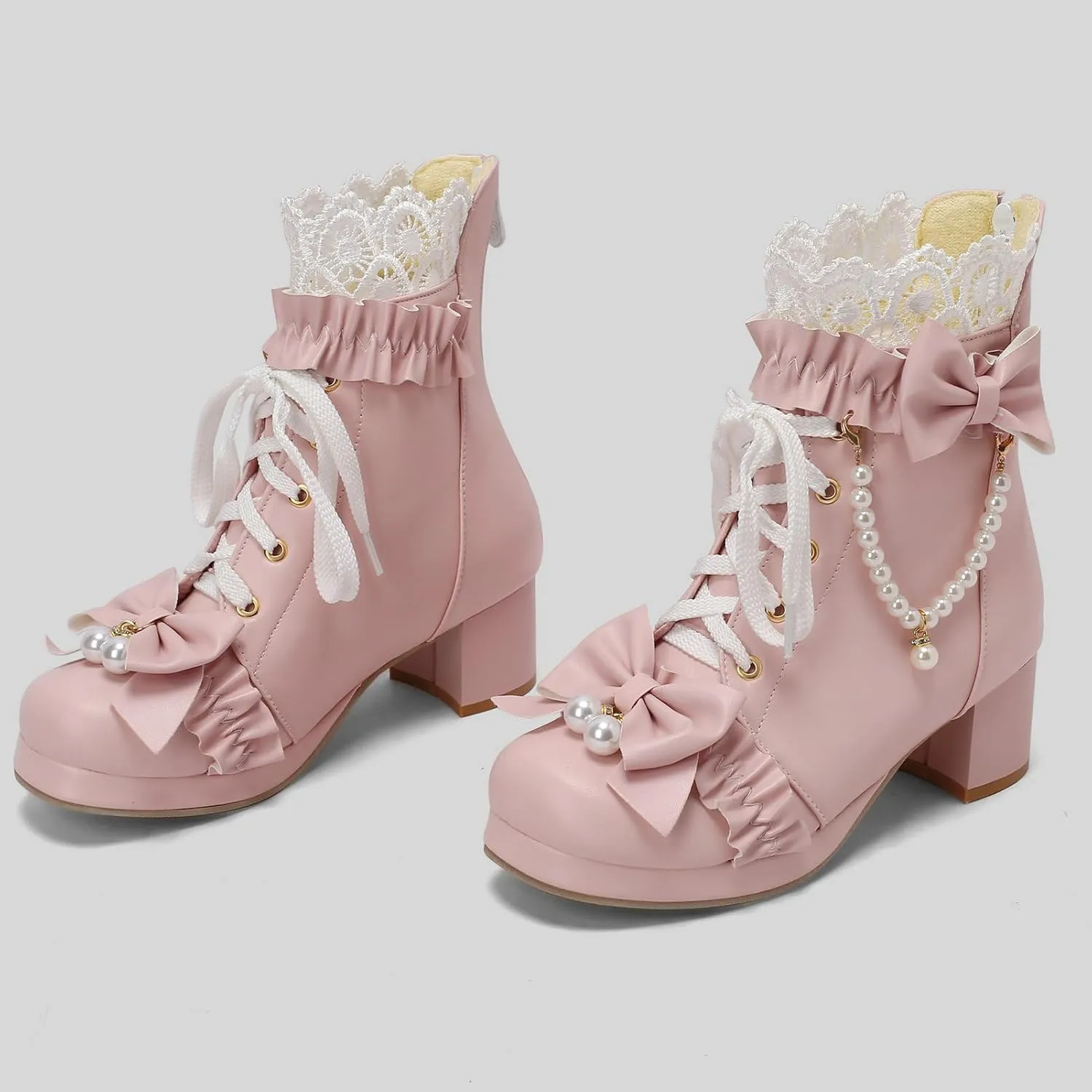 LUXMAX Women Cute Lolita Boots Chunky Mid Heel Ankle Boots with Bow Platform Lace Up Booties with Pearl