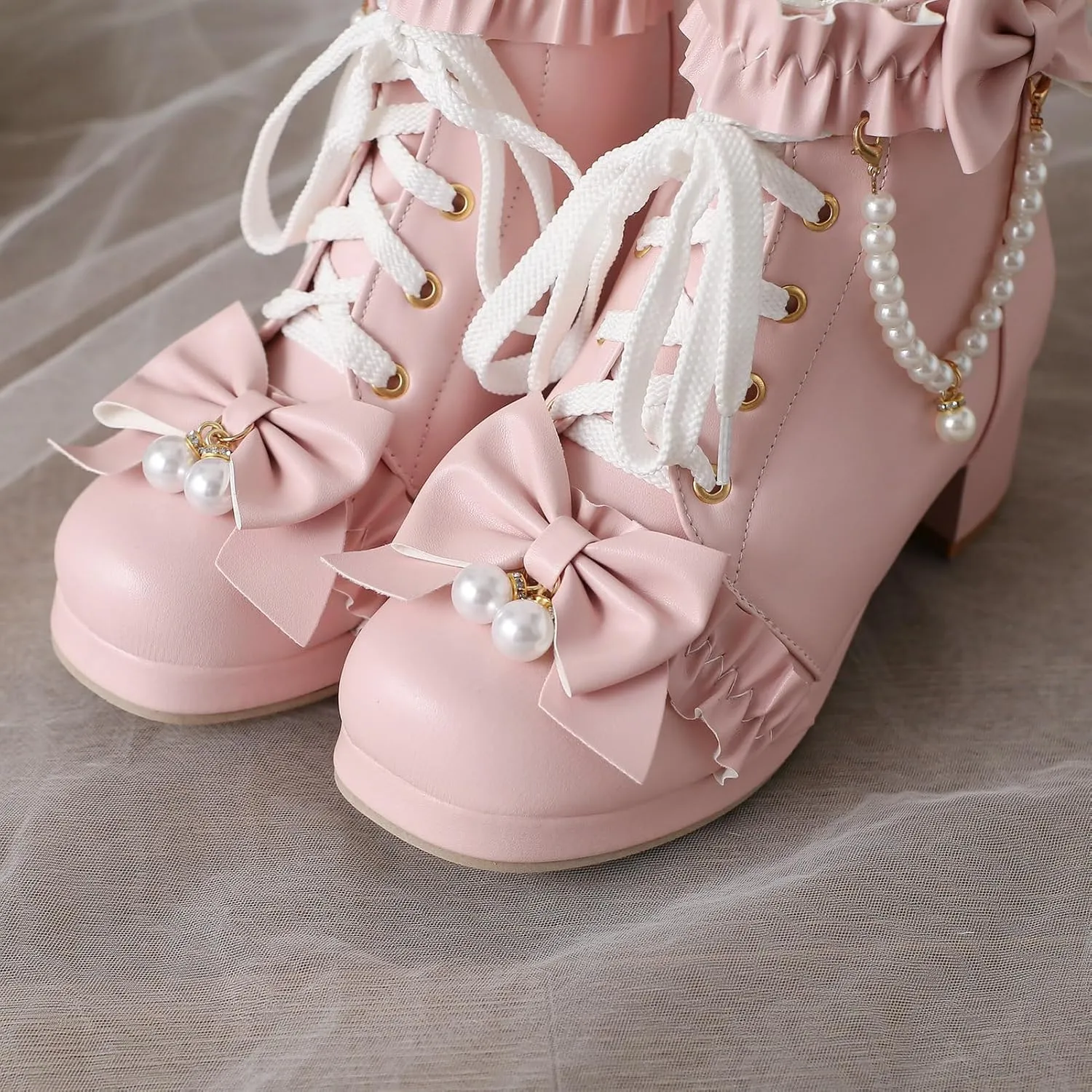 LUXMAX Women Cute Lolita Boots Chunky Mid Heel Ankle Boots with Bow Platform Lace Up Booties with Pearl