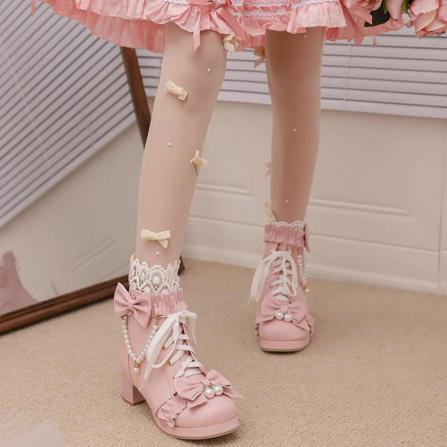 LUXMAX Women Cute Lolita Boots Chunky Mid Heel Ankle Boots with Bow Platform Lace Up Booties with Pearl