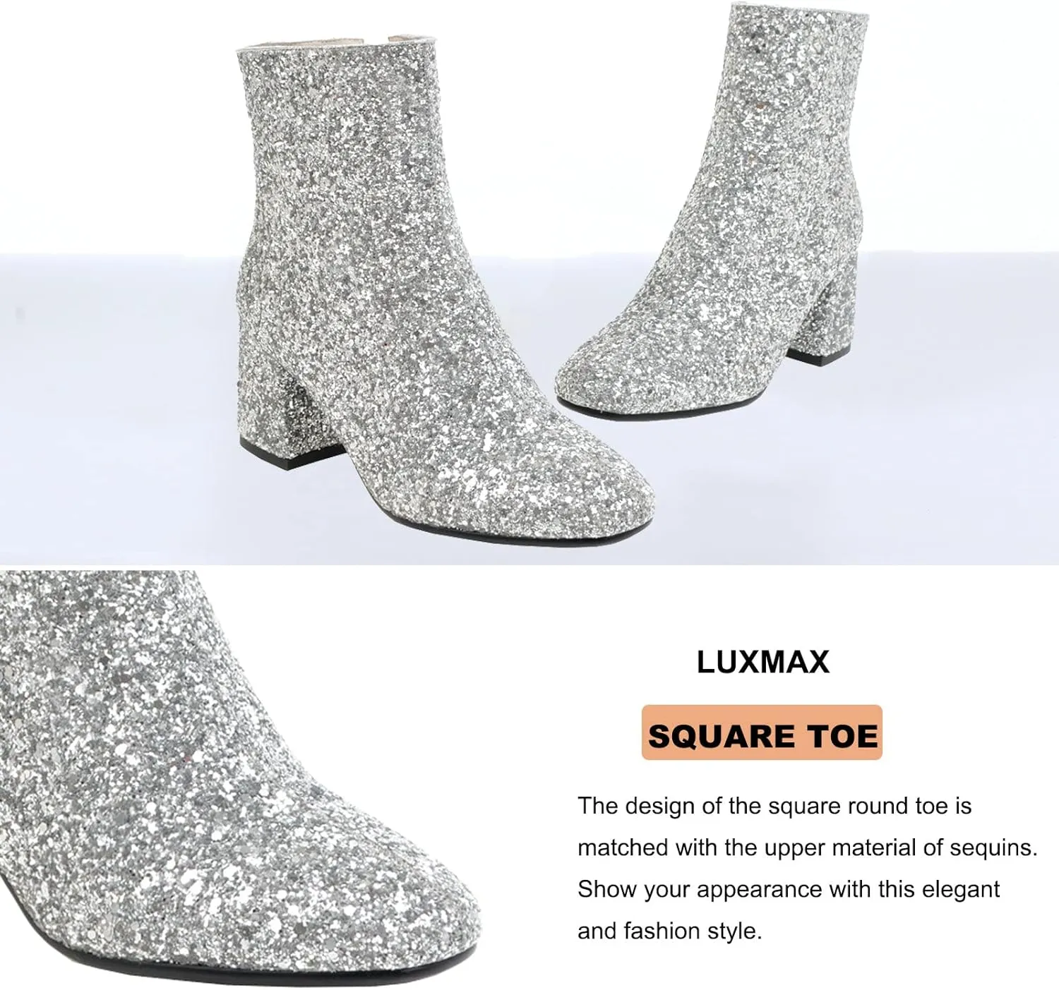 LUXMAX Women Glitter Ankle Boots Chunky Heel Square Closed Toe Sparkly Booties Block Heel Side Zip Winter Party Shoes